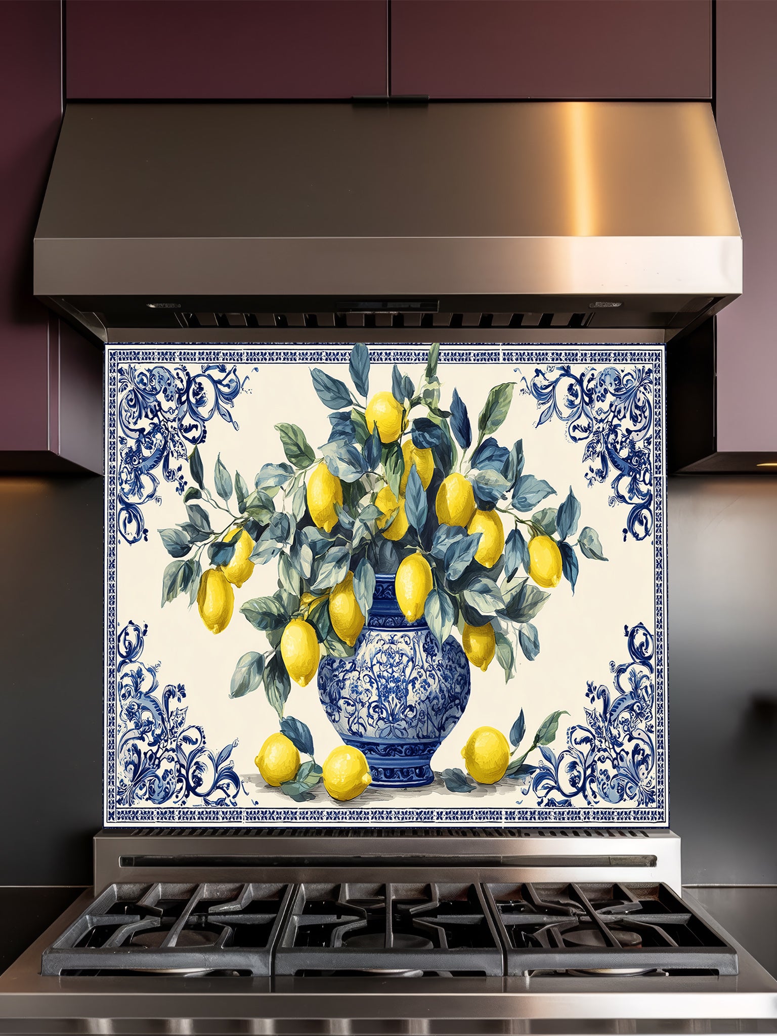 Decorative backsplash with a blue and white vase and lemons on a stove
