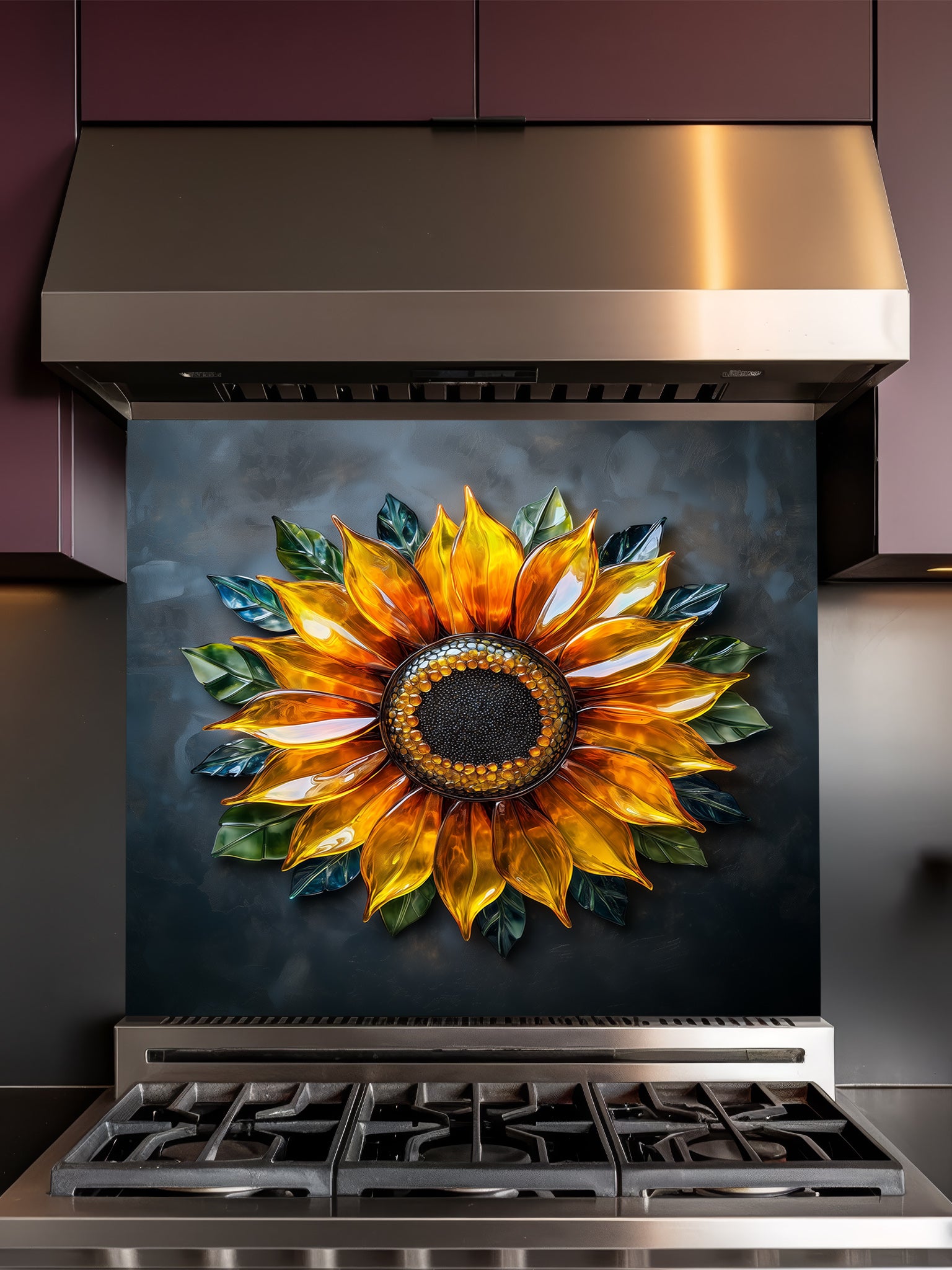 Tempered glass kitchen backsplash featuring a highly realistic 3D illusion of a glowing, translucent blown glass golden sunflower with green leaves against a dramatic dark charcoal background, installed behind a modern stainless steel stove.