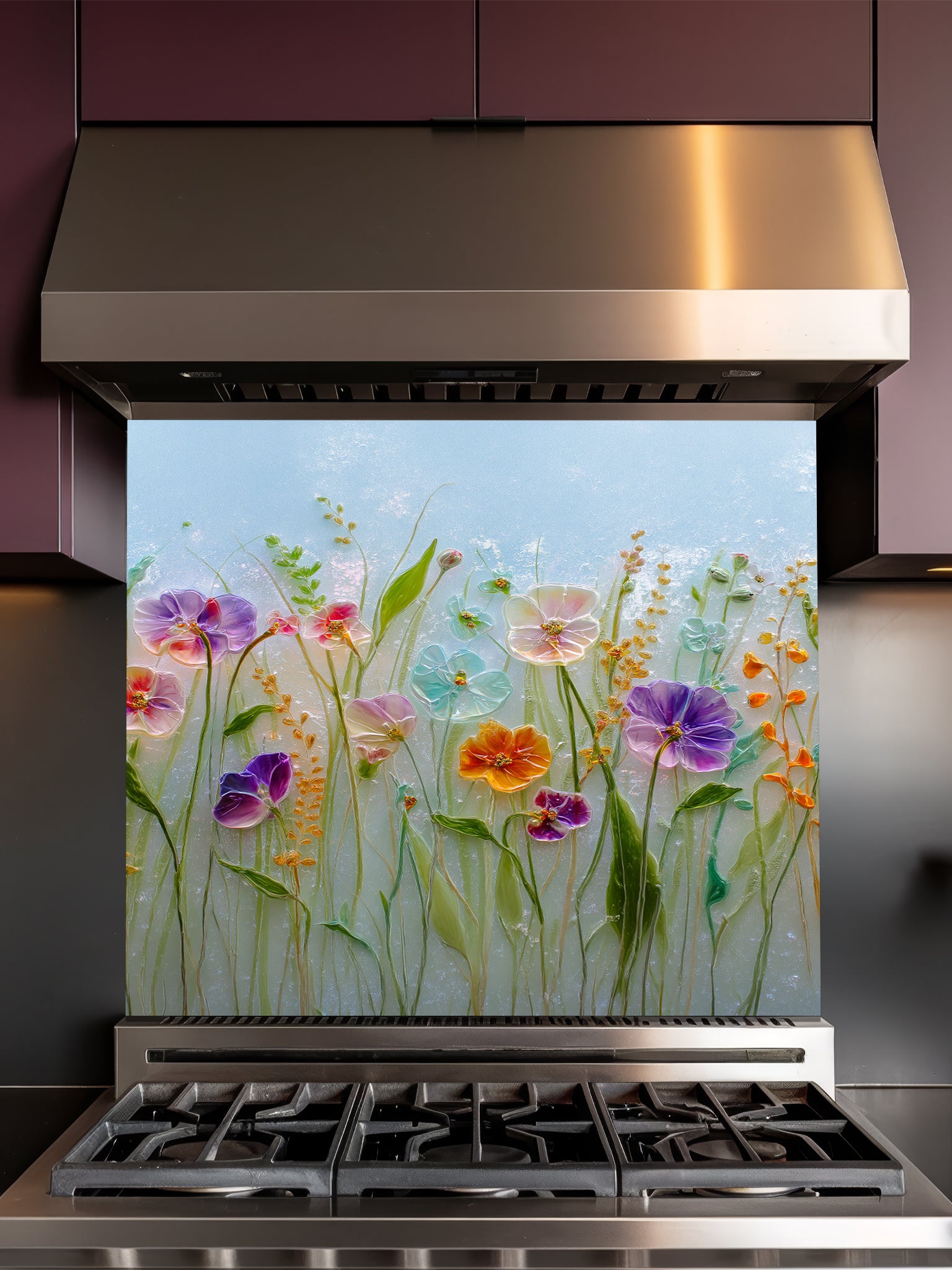 Faux 3D effect glossy glass art wildflowers including pansies in vibrant purple, pink, yellow, and blue, UV printed on a smooth tempered glass kitchen backsplash.