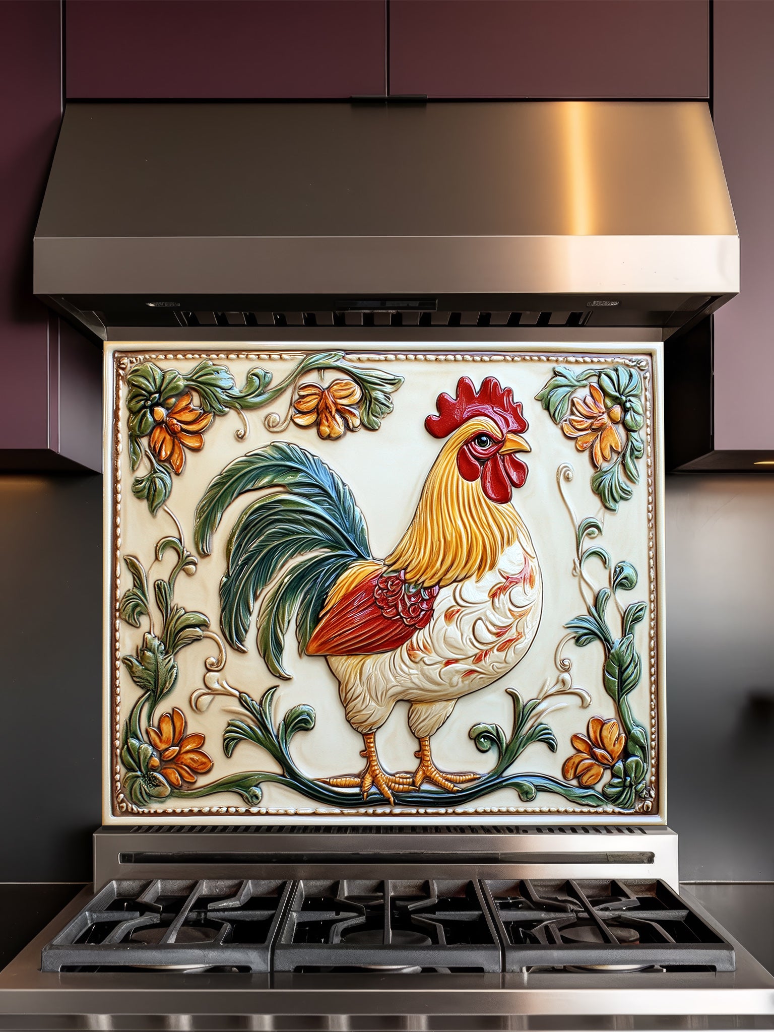Decorative glass backsplash with a rooster design on a stove