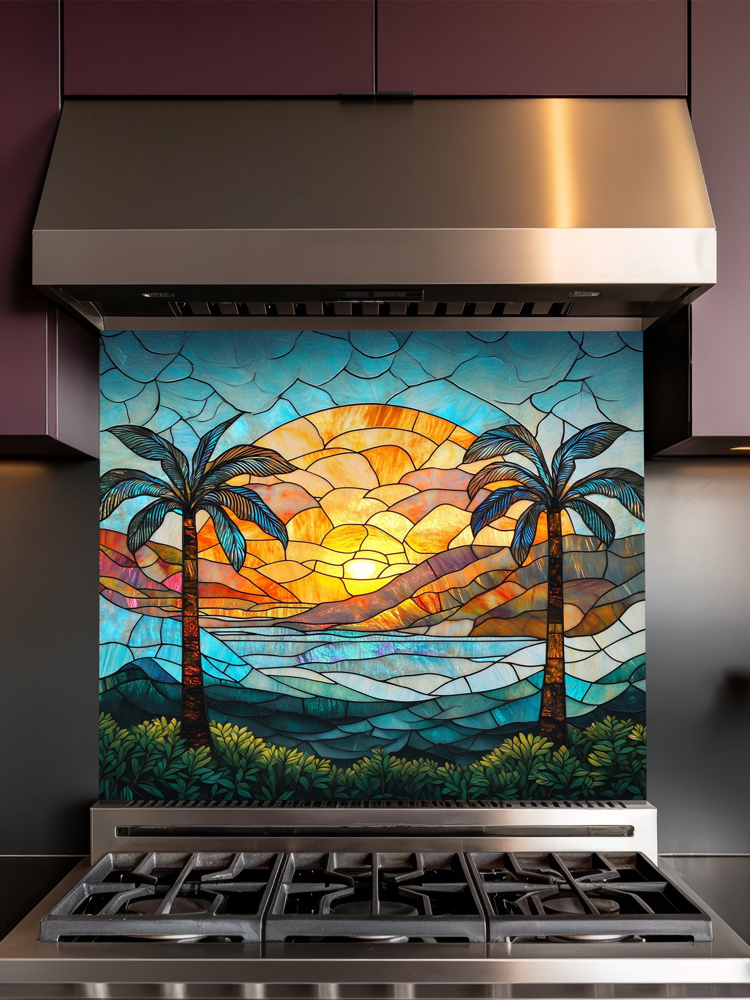 Stained glass style tropical beach sunset with two palm trees, ocean waves, and vibrant orange and blue sky, UV printed on a smooth tempered glass kitchen backsplash, installed behind a modern stove.