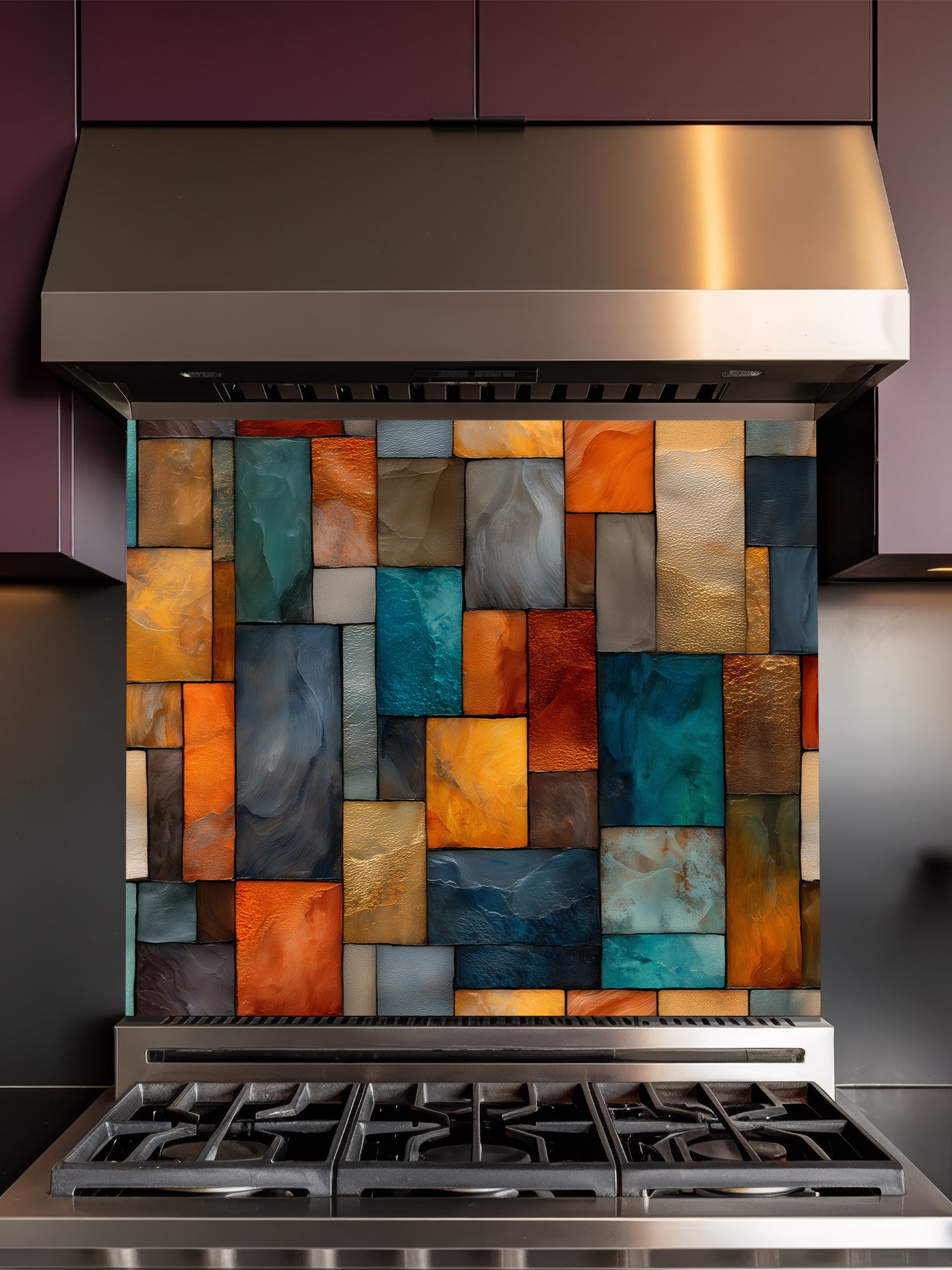 Tempered glass kitchen backsplash featuring a highly realistic 3D illusion of an abstract geometric mosaic made of textured stained glass rectangles in vibrant teal, amber, orange, and slate grey, installed behind a modern stainless steel stove.