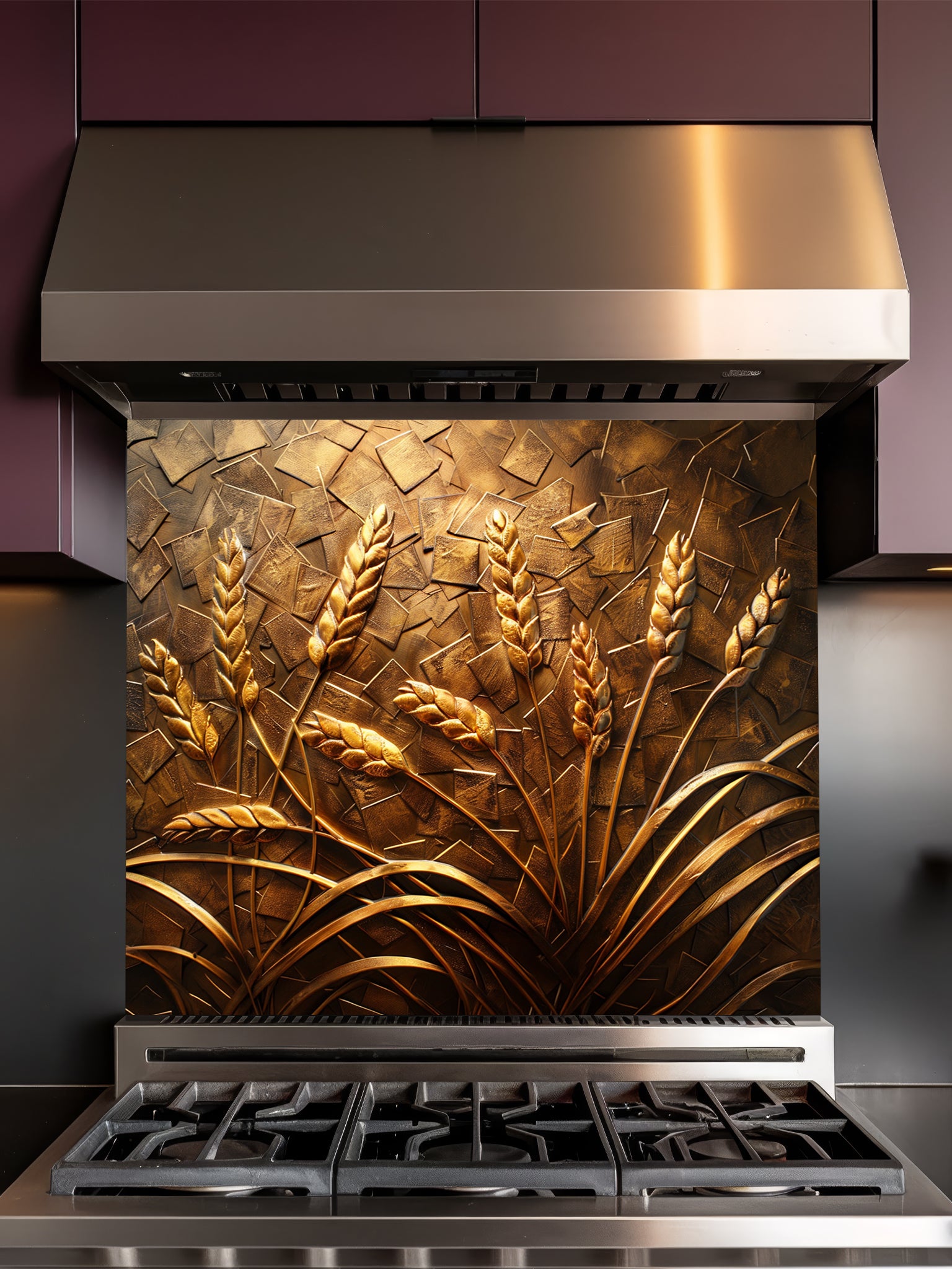 Faux 3D effect carved bronze and gold wheat stalks on a textured metallic background, UV printed on a smooth tempered glass kitchen backsplash, installed behind a modern stove.
