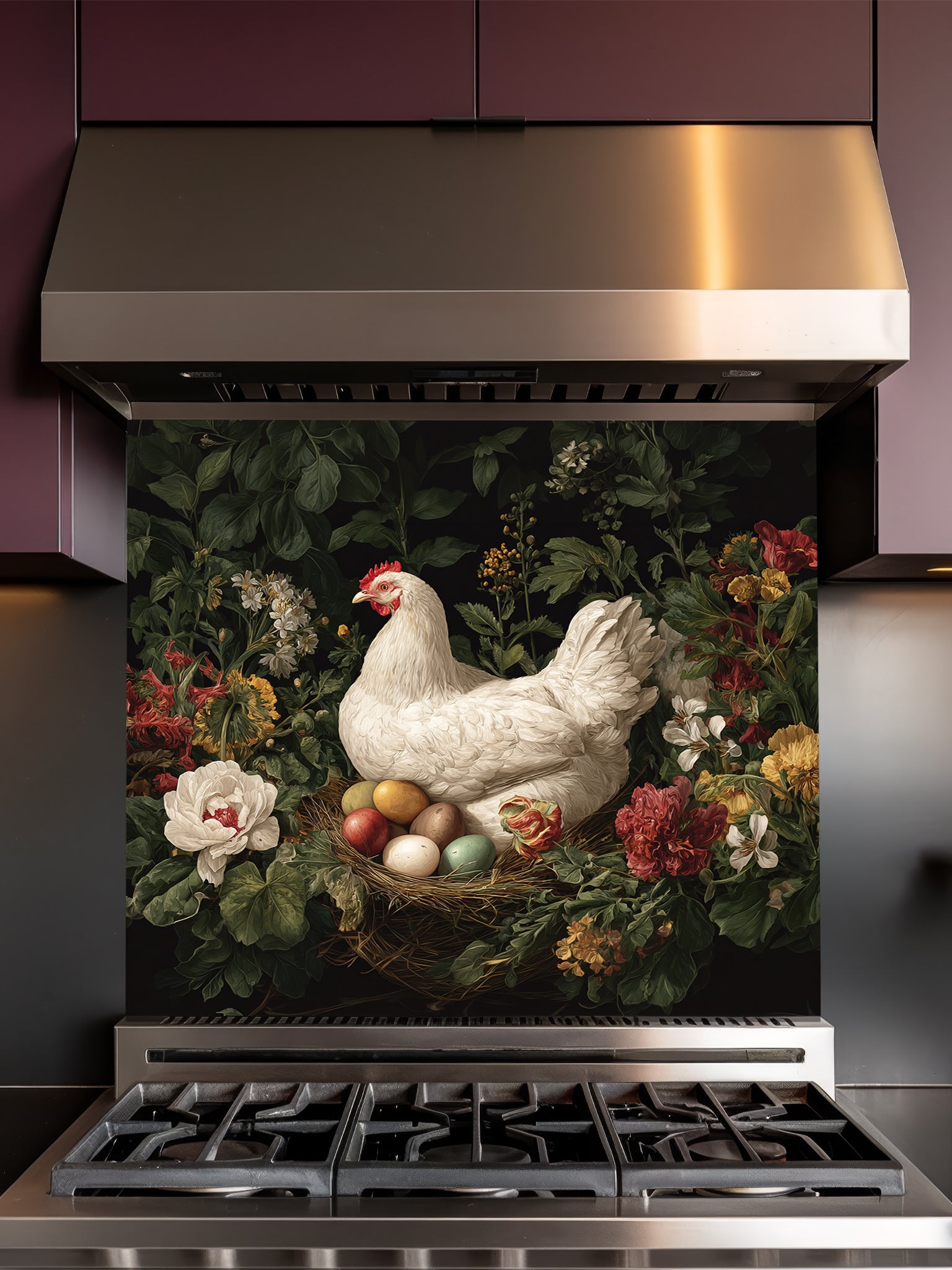 Stainless steel range hood with a decorative glass panel of a chicken and eggs in a garden setting.