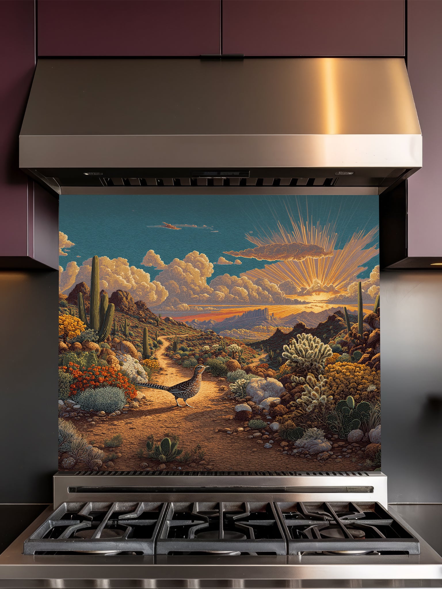 Tempered glass kitchen backsplash featuring a highly realistic 3D illusion of a vintage impasto oil painting showing a beautiful Southwestern desert landscape with a dirt trail, saguaro cacti, blooming flora, a quail, and a radiant sunburst sunset, installed behind a modern black stove.