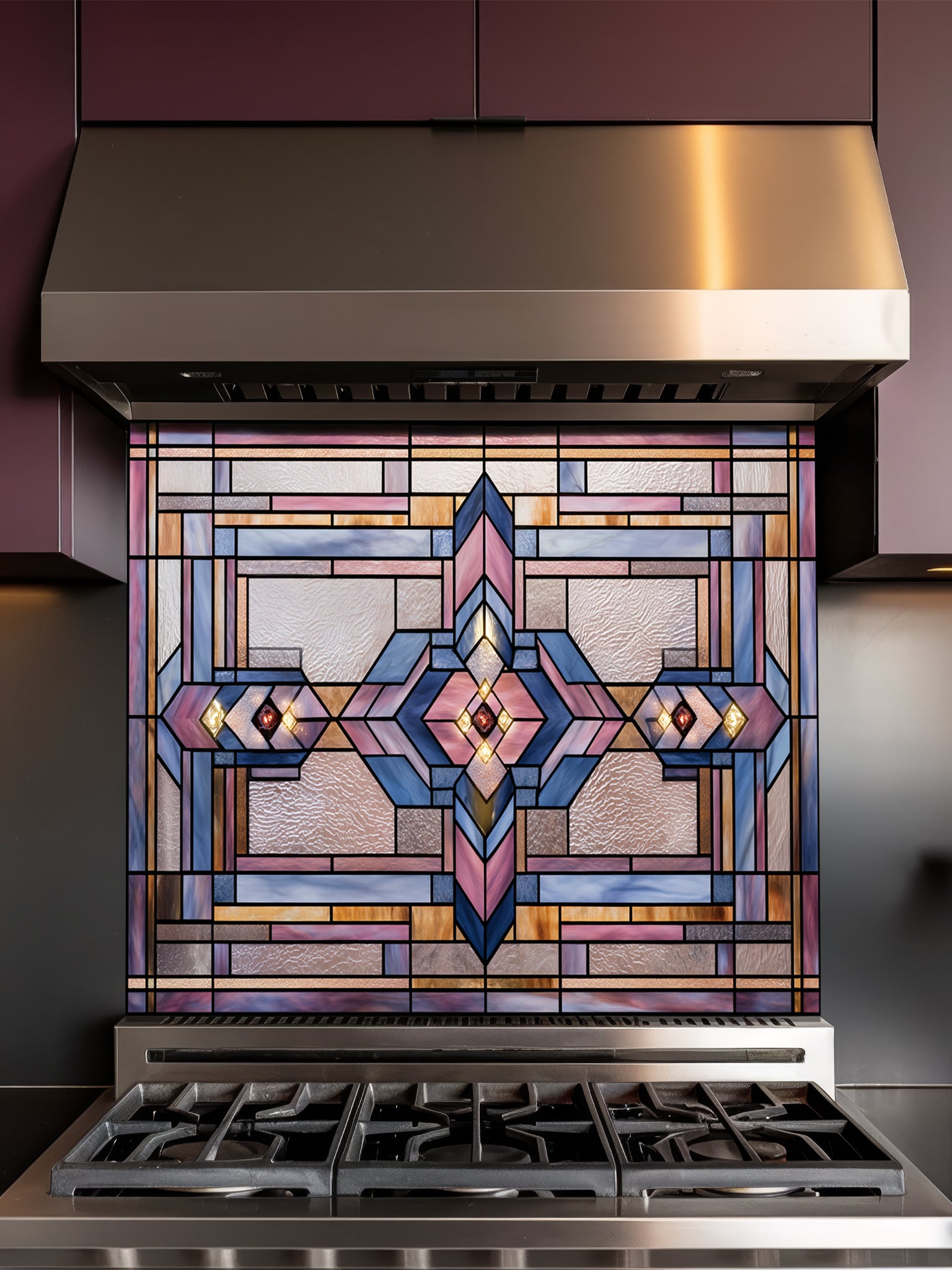 Tempered glass kitchen backsplash featuring a highly realistic 3D illusion of architectural Prairie-style stained glass, showing a symmetrical geometric pattern with diamonds and intersecting lines in dusty rose, lavender, soft blue, and amber, installed behind a modern black stove.