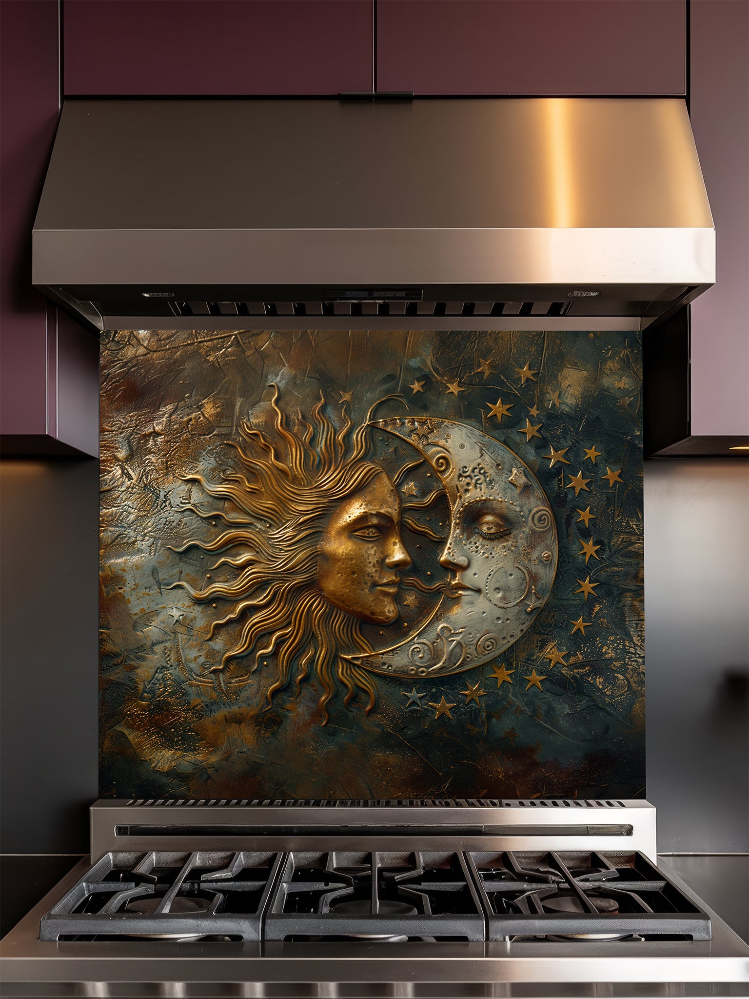 Tempered glass kitchen backsplash featuring a highly realistic 3D faux metal design of a celestial sun and moon with stars in antique bronze, gold, and oxidized silver tones, installed behind a modern stainless steel stove.