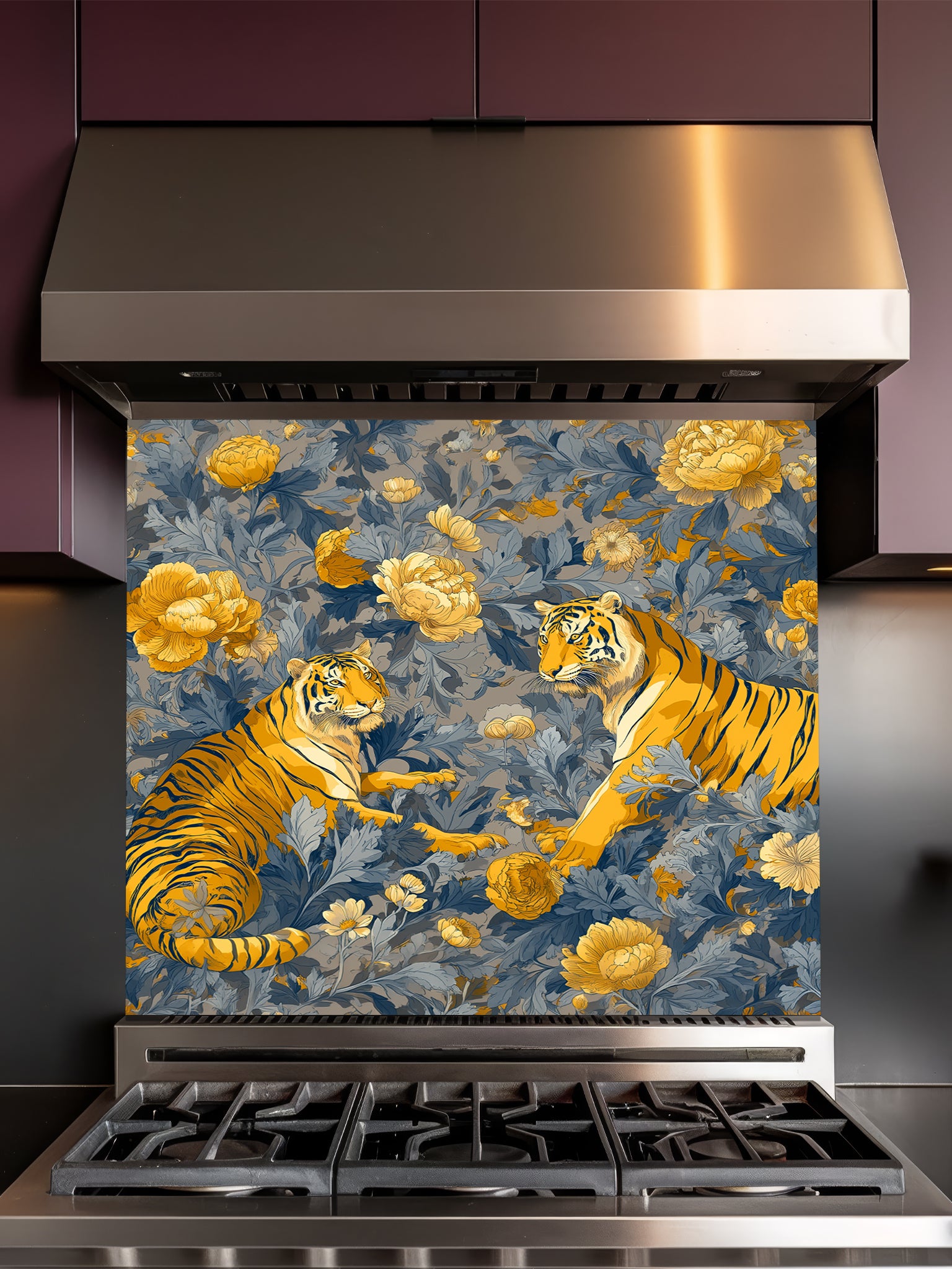 Vintage Chinoiserie style illustration of two majestic tigers among golden yellow peonies and deep blue botanical foliage, UV printed on a smooth tempered glass kitchen backsplash.