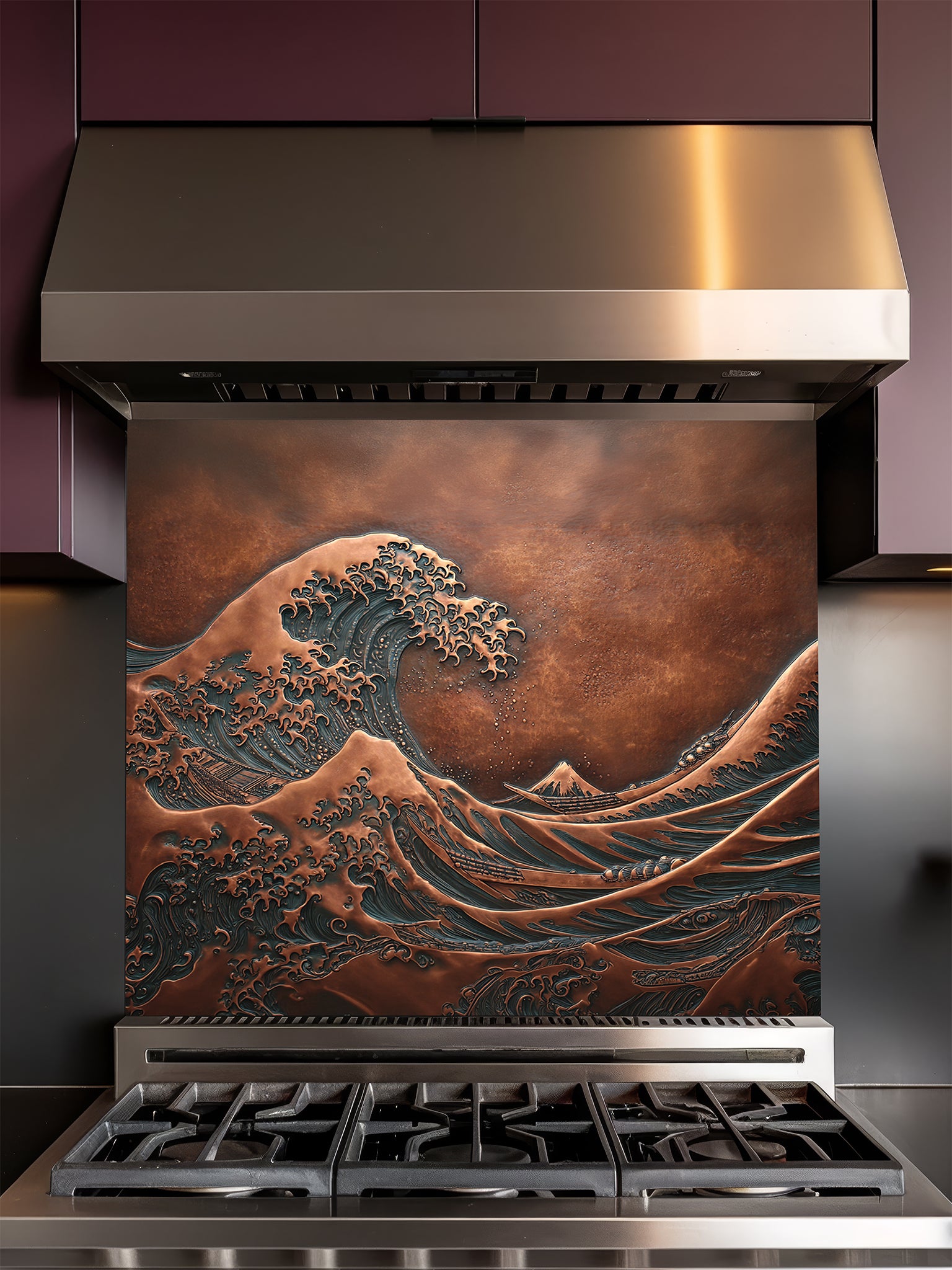 Tempered glass kitchen backsplash featuring a highly realistic 3D faux copper metal relief design of the iconic Great Wave off Kanagawa and Mount Fuji, installed behind a modern stainless steel stove.