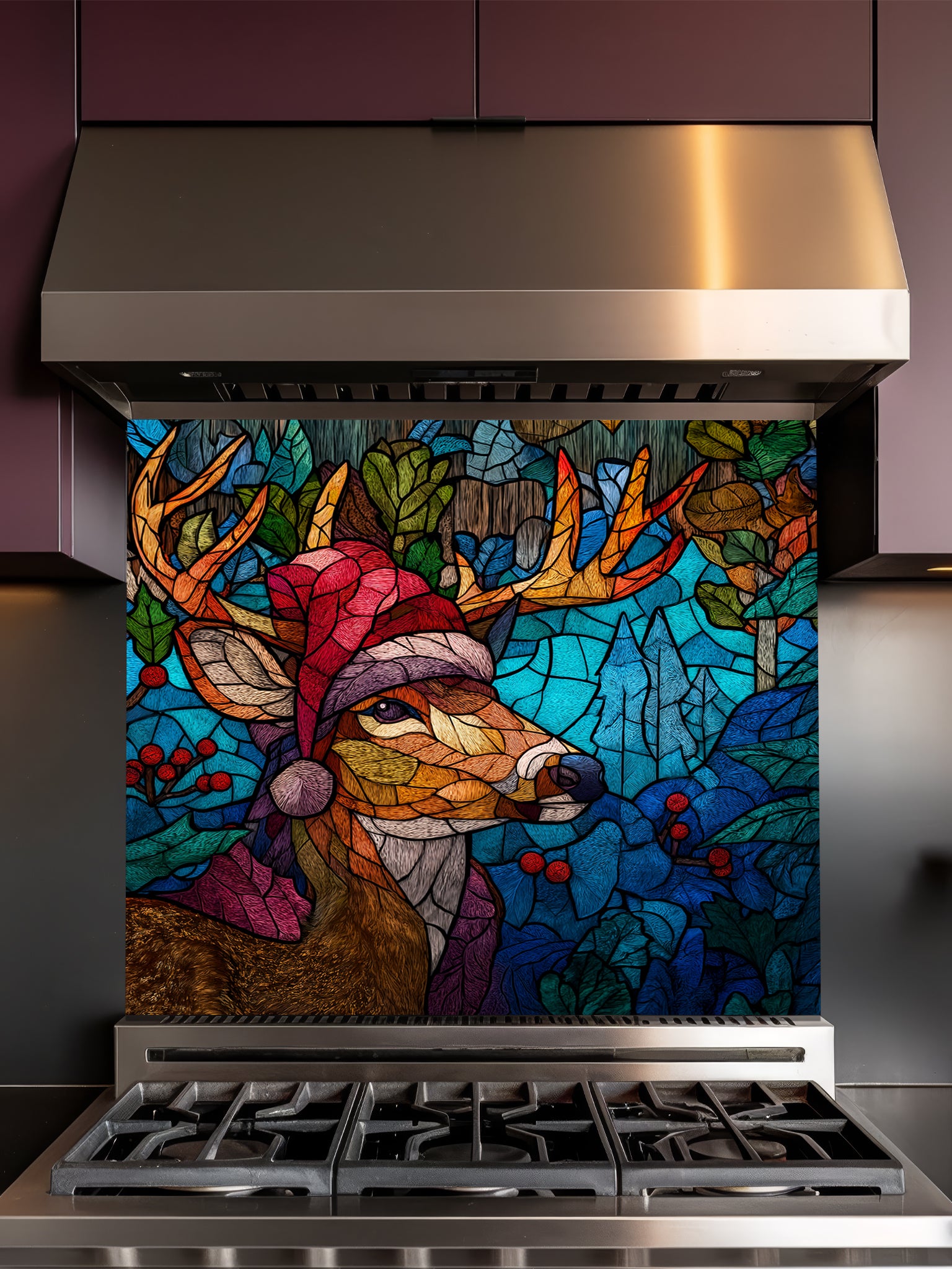 Tempered glass kitchen backsplash featuring a highly realistic 3D illusion of stained glass and mosaic art showing a festive reindeer wearing a red Santa hat in a frosty blue winter forest with holly berries, installed behind a modern black stove.