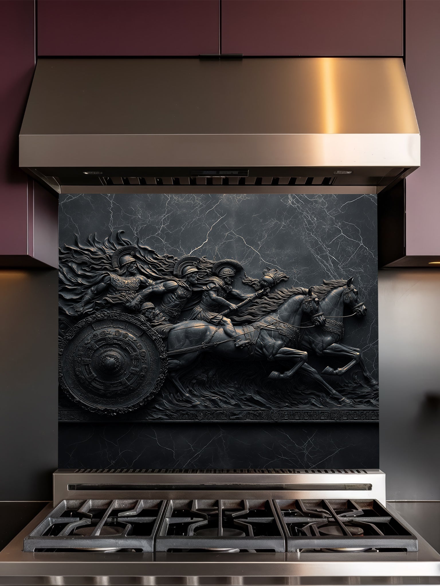 Faux 3D effect dark stone relief carving of a Roman chariot and warriors, UV printed on a smooth tempered glass kitchen backsplash, installed behind a modern stove.