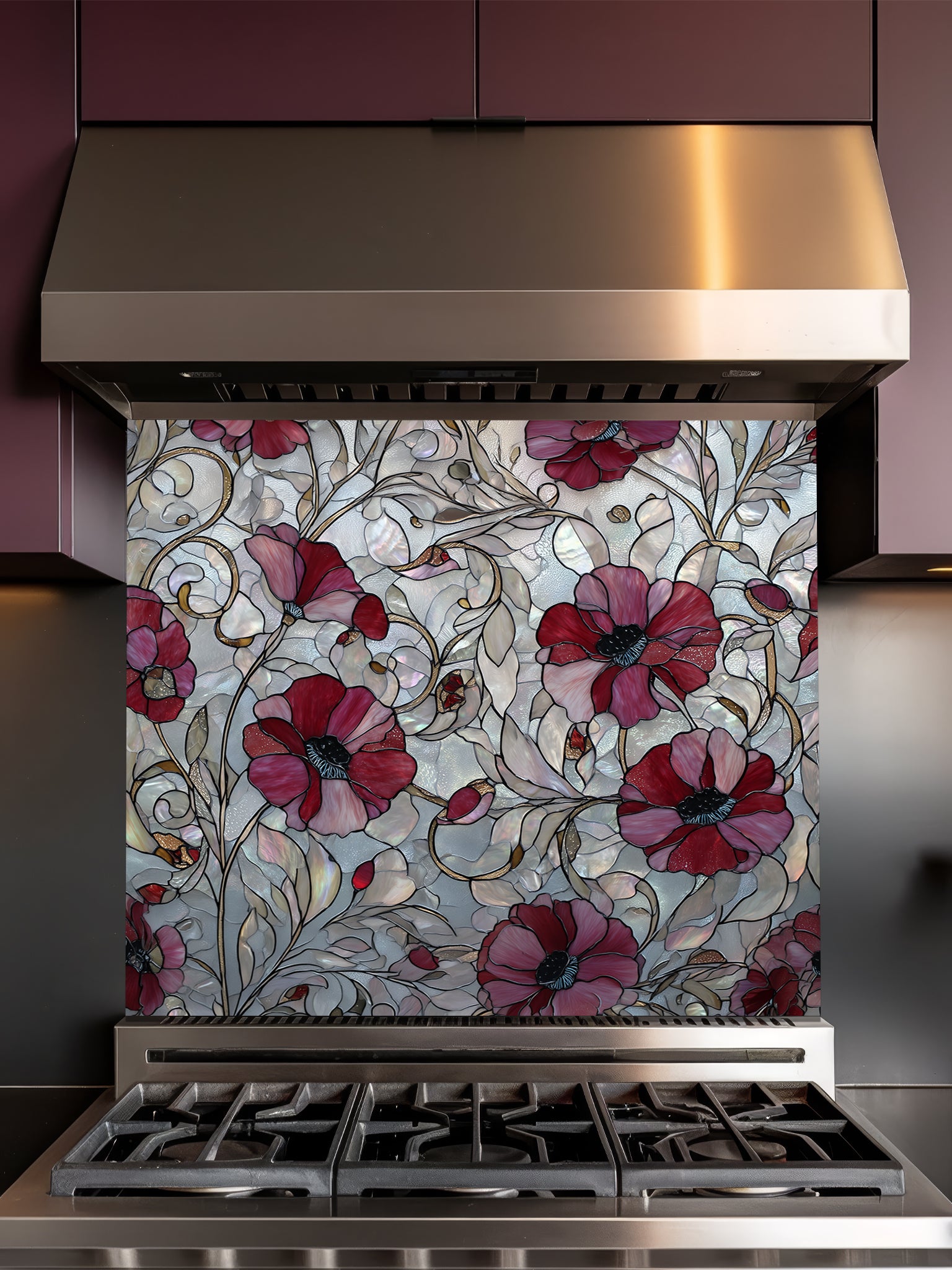 Faux stained glass pattern featuring deep crimson red poppy flowers and swirling vines against an iridescent mother-of-pearl mosaic background, UV printed on a smooth tempered glass kitchen backsplash.