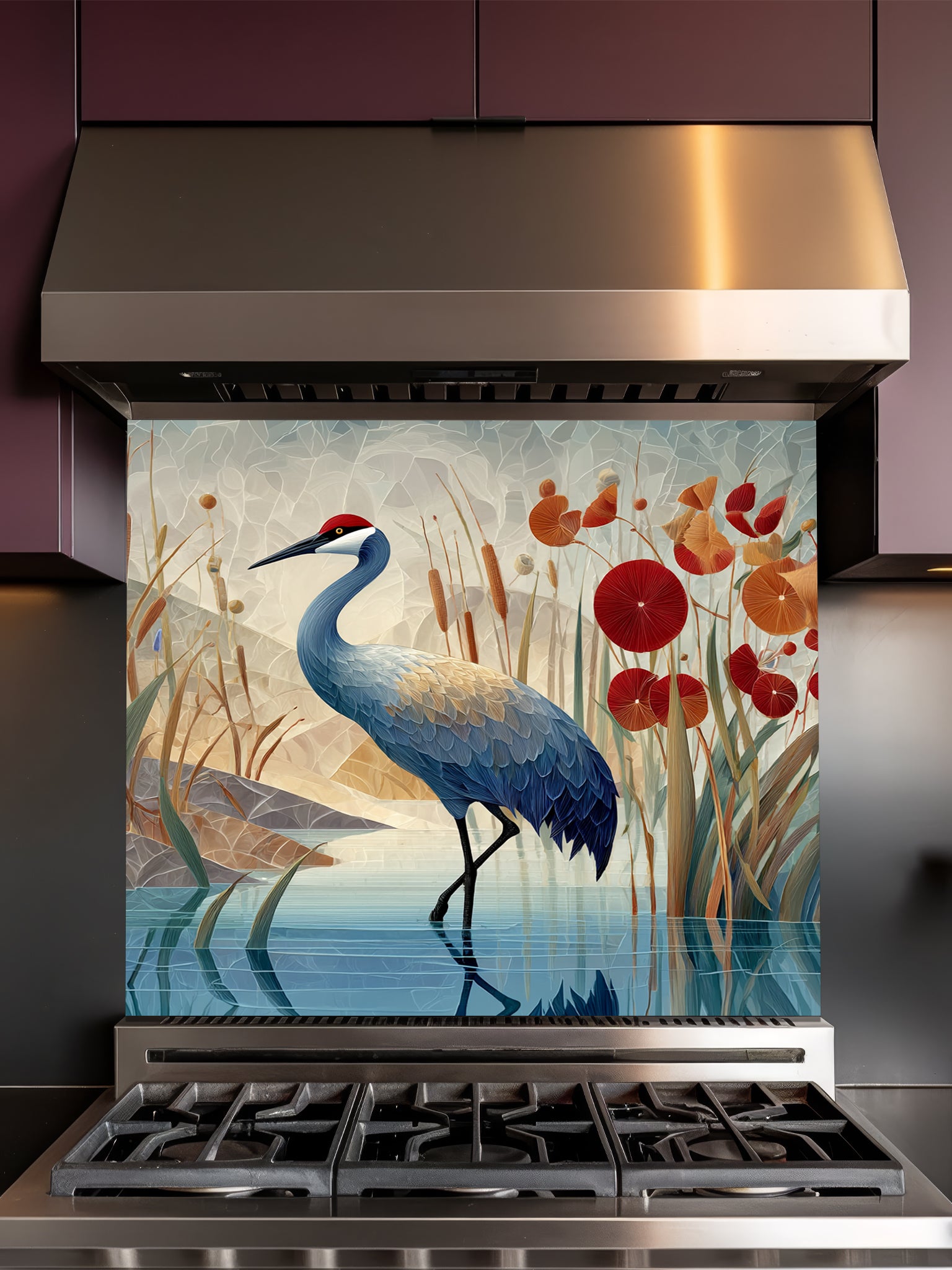 Tempered glass kitchen backsplash featuring a crisp, modern Japandi-style illustration of a majestic red-crowned crane standing in tranquil water among bluebell flowers and red botanical accents against a geometric beige mountain background, installed behind a modern black stove.