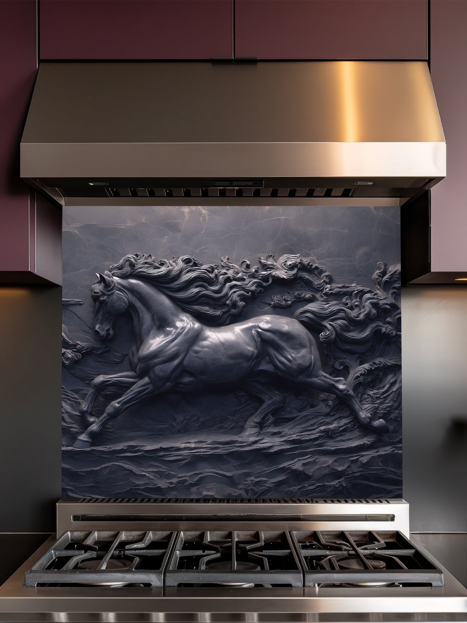 Faux 3D sculpted dark slate and black cast iron relief of a majestic galloping horse through swirling waves, UV printed on a smooth tempered glass kitchen backsplash.