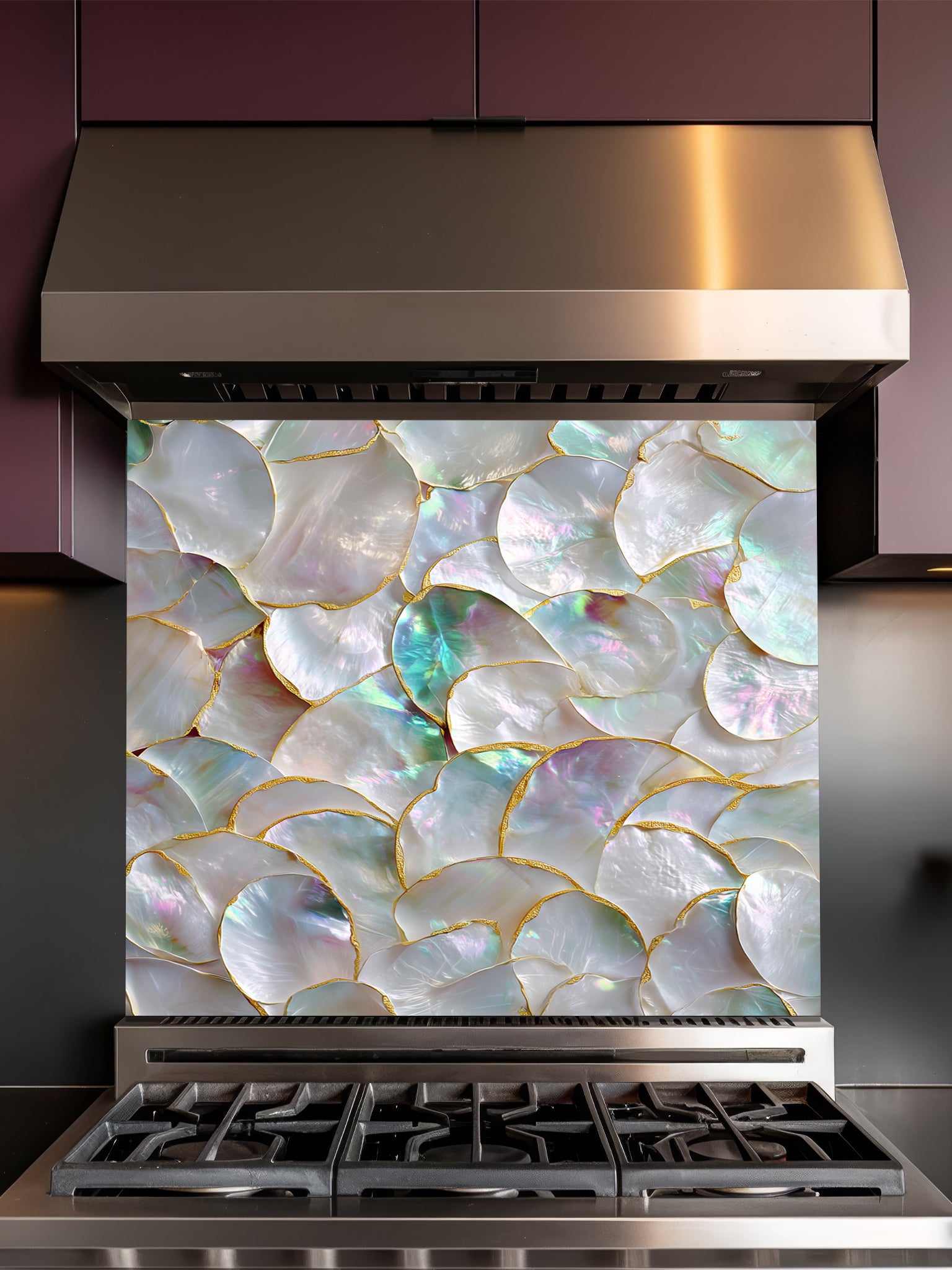 Tempered glass kitchen backsplash featuring a highly realistic 3D illusion of a luxury mother of pearl shell mosaic with iridescent pearlescent hues and faux gold edges, installed behind a modern stainless steel stove.