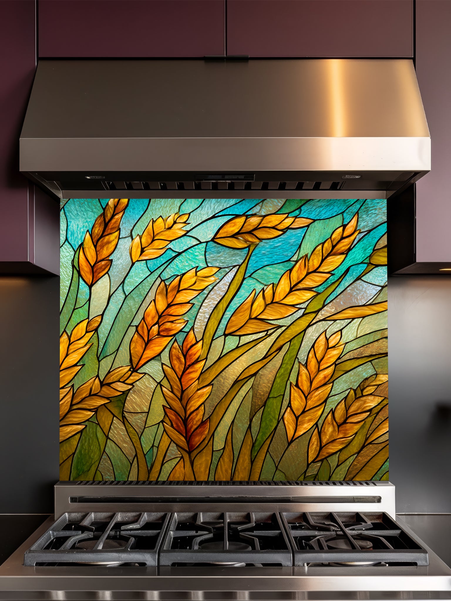 Tempered glass kitchen backsplash featuring a highly realistic 3D illusion of stained glass art showing golden amber wheat stalks swaying against a vibrant teal and turquoise sky with black faux lead lines, installed behind a modern black stove.