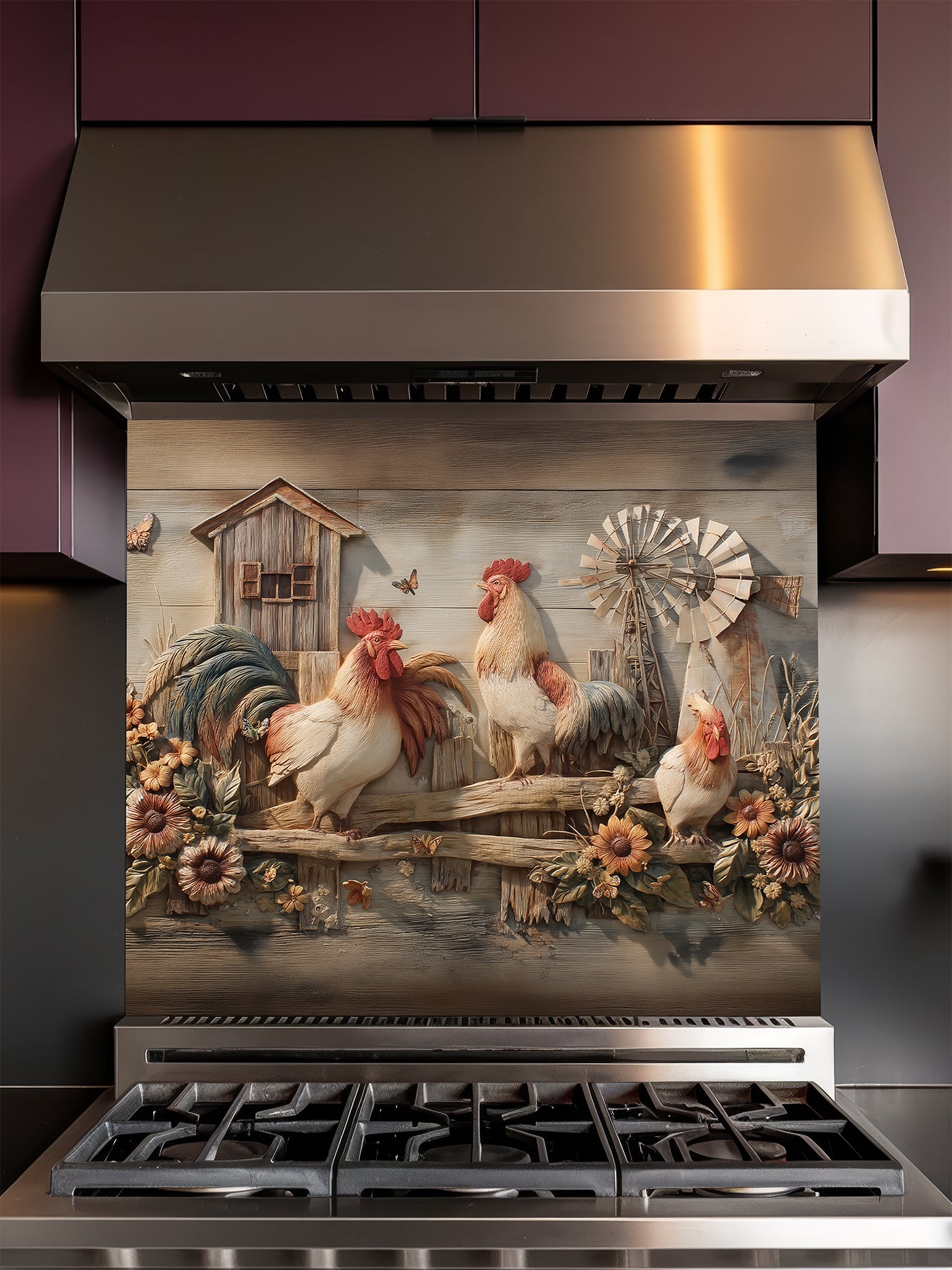 Tempered glass kitchen backsplash featuring a realistic 3D carved wood effect design with roosters, sunflowers, and a windmill, installed behind a modern stainless steel stove.