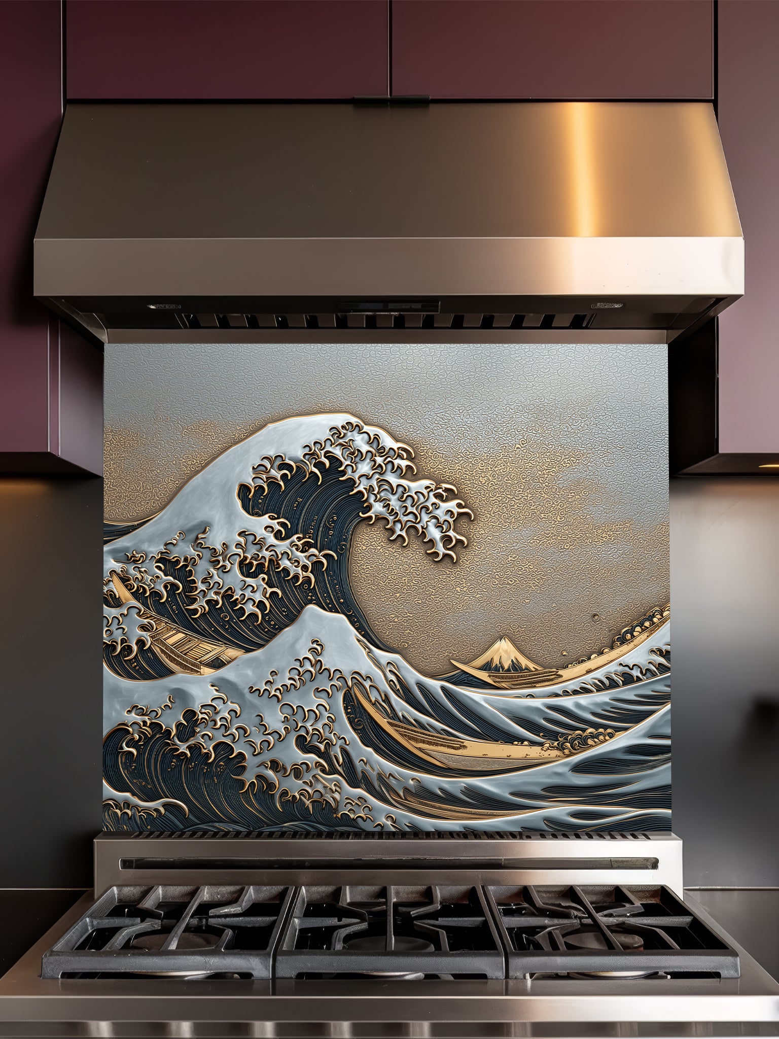 Faux 3D sculpted mixed metal relief of the Great Wave featuring silver crests, deep navy blue water, and a textured gold sky, UV printed on a smooth tempered glass kitchen backsplash.