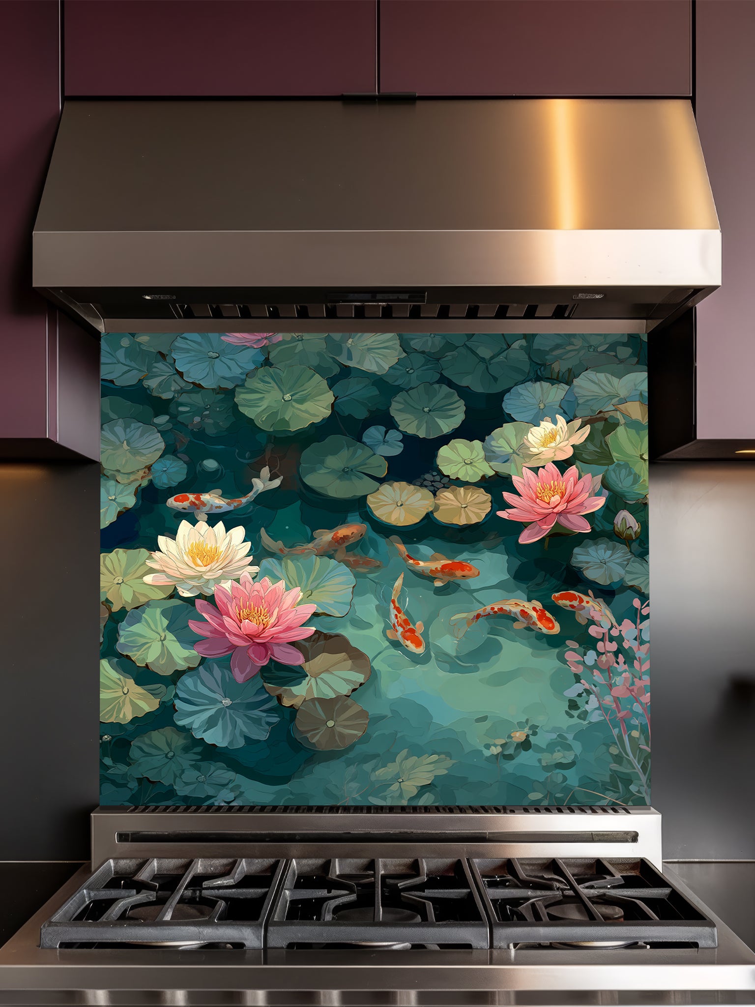 Serene illustration of orange koi fish swimming among pink lotus flowers and green lily pads, UV printed on a smooth tempered glass kitchen backsplash, installed behind a modern stove.