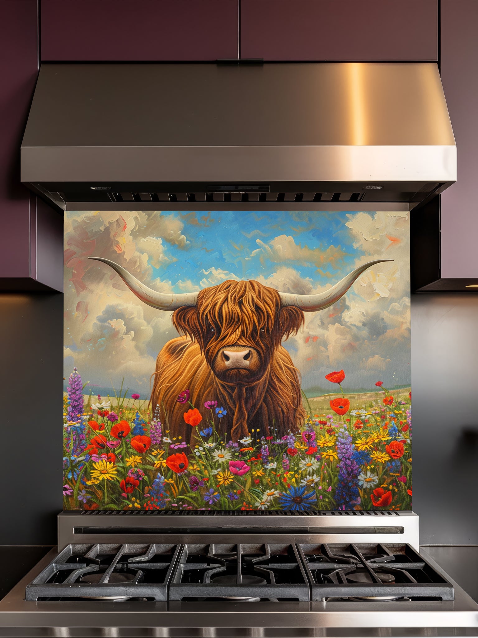 Tempered glass kitchen backsplash featuring a highly realistic 3D illusion of an oil painting showing a majestic brown Highland cow standing in a vibrant meadow of red, purple, and yellow wildflowers under a cloudy sky, installed behind a modern black stove.