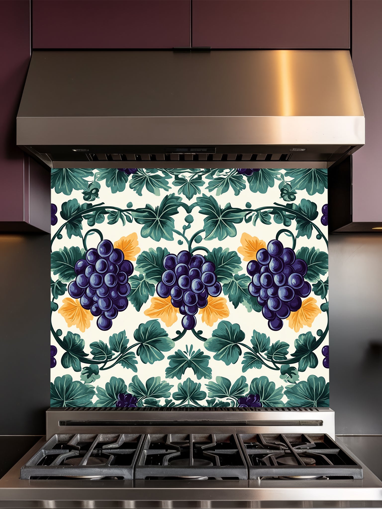 Traditional Mediterranean style faux tile pattern featuring purple grapes, green vine leaves, and yellow accents on a cream background, UV printed on a smooth tempered glass kitchen backsplash.
