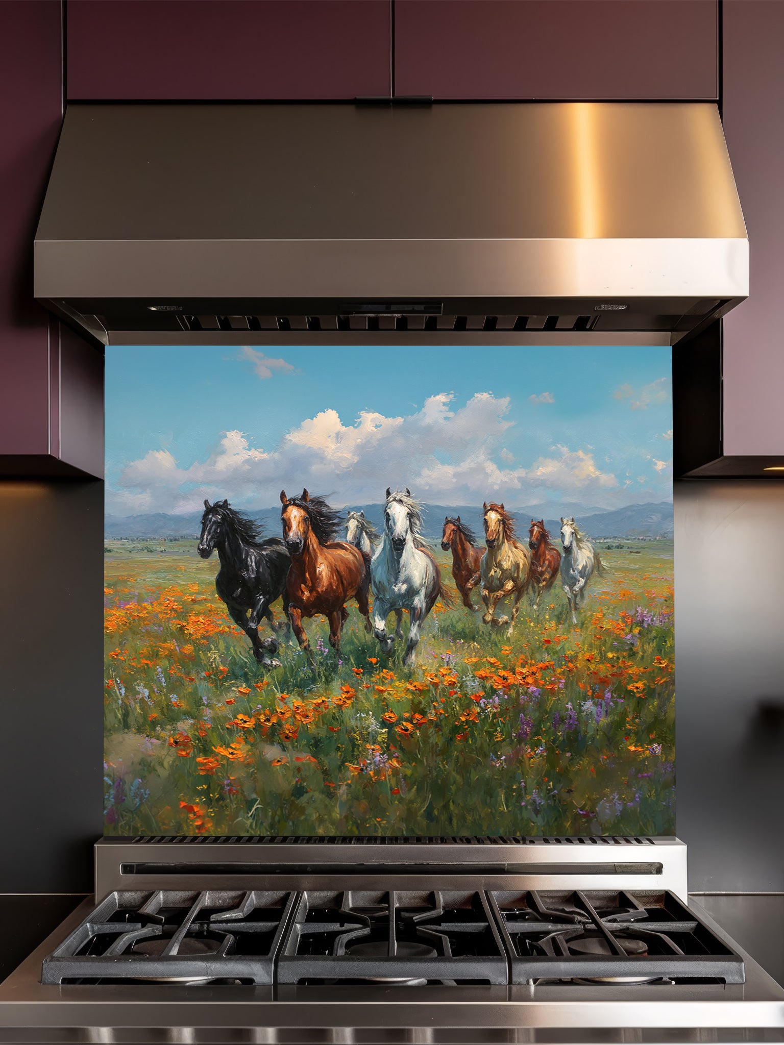 Stainless steel range hood with a decorative glass backsplash featuring horses and flowers