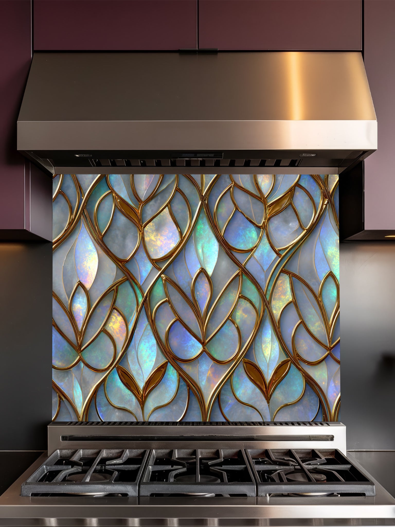 Tempered glass kitchen backsplash featuring a highly realistic 3D illusion of Art Nouveau stained glass showing an elegant repeating leaf pattern with iridescent opal and pearl inlays outlined in rich gold filigree, installed behind a modern stainless steel stove.