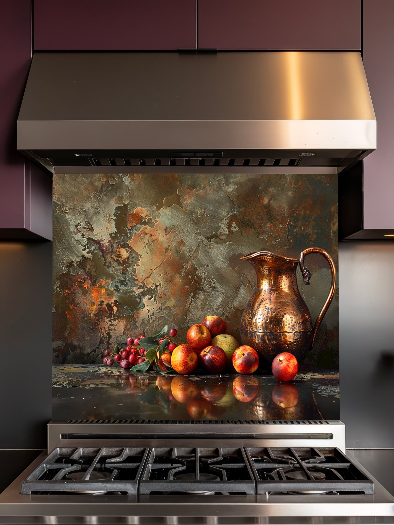 Rustic still life painting of a hammered copper pitcher and fresh fruits against a textured patina metal background, UV printed on a smooth tempered glass kitchen backsplash.