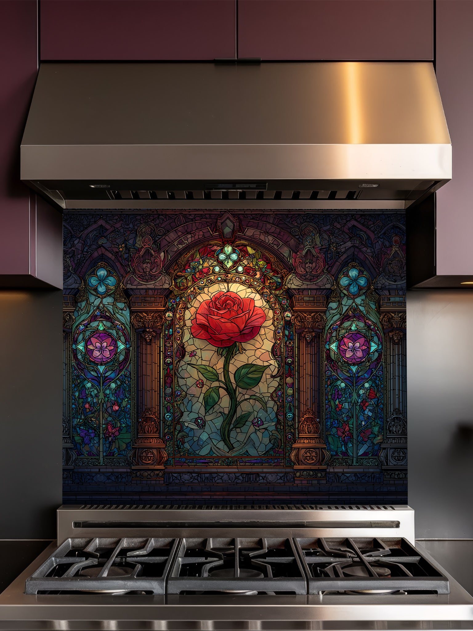 Stained glass style vibrant red rose framed by Gothic architectural arches in rich jewel tones, UV printed on a smooth tempered glass kitchen backsplash, installed behind a modern stove.