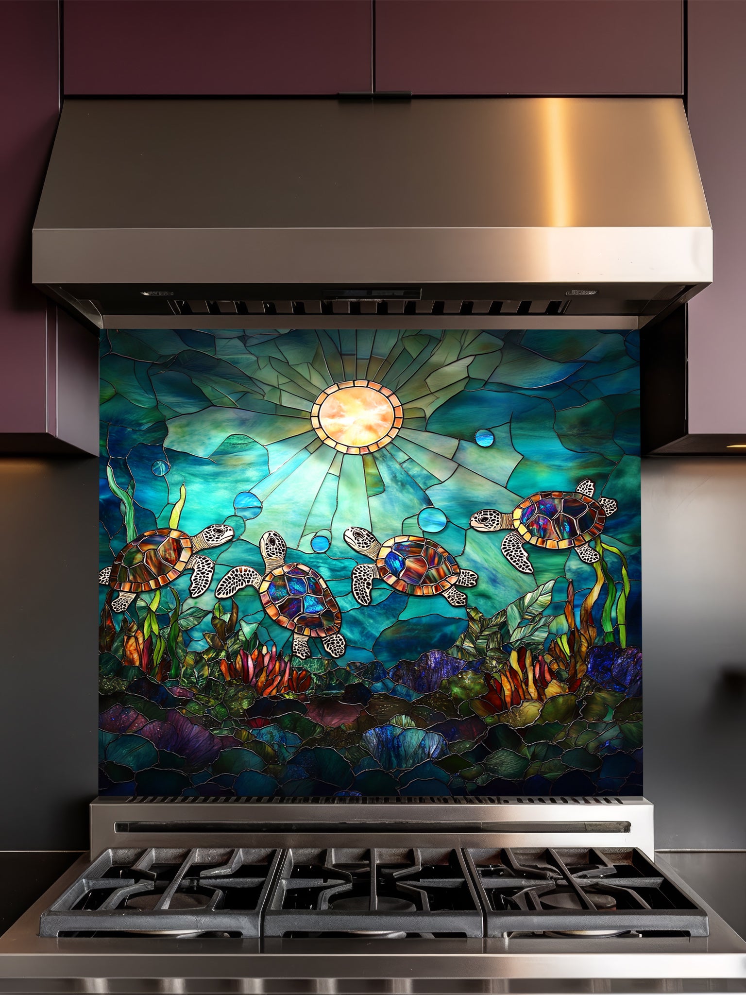 Stained glass style sea turtles swimming in vibrant blue ocean waters with sun rays, UV printed on a smooth tempered glass kitchen backsplash, installed behind a modern stove.