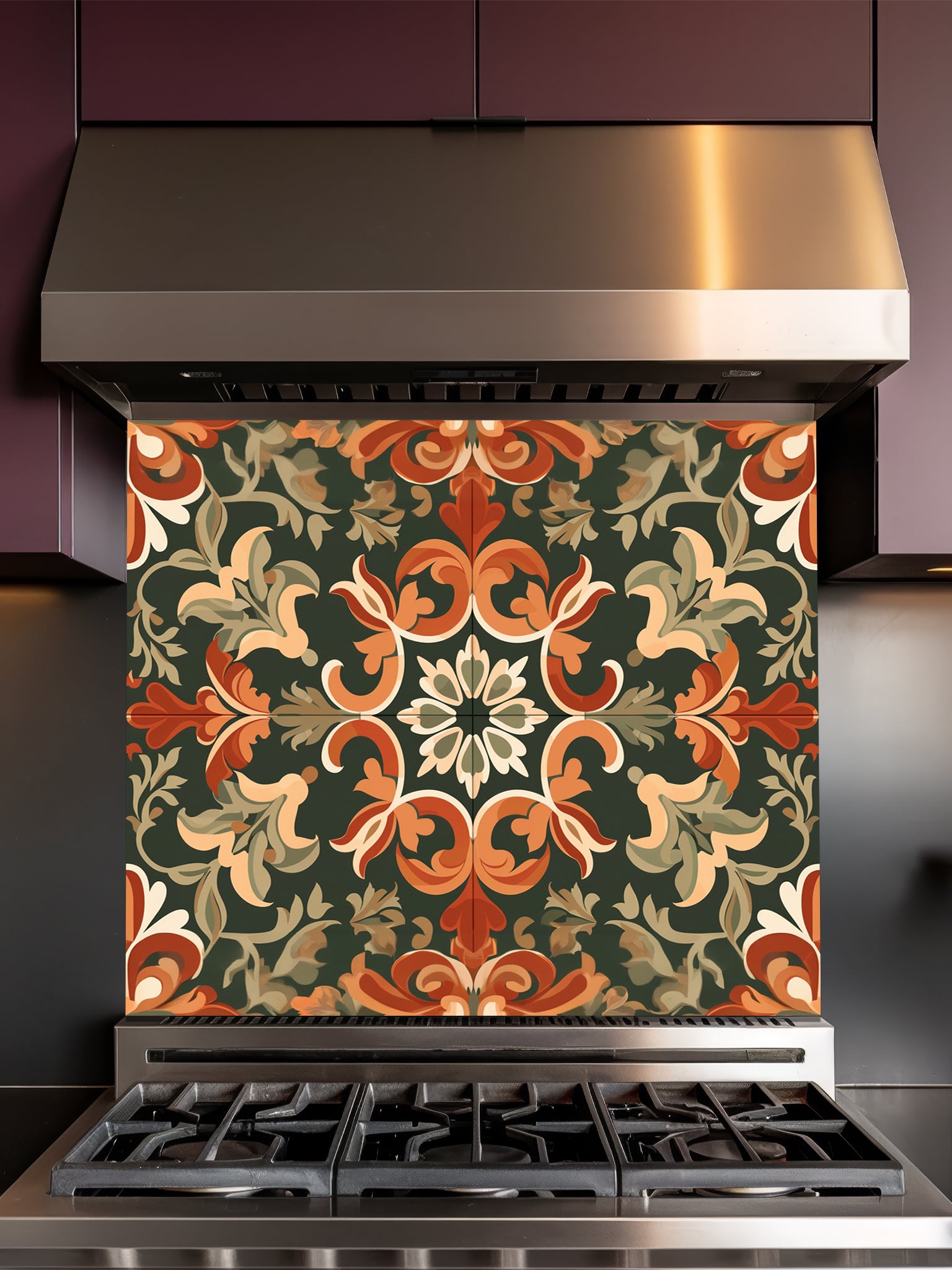 Vintage style Moroccan tile pattern featuring terracotta orange and cream botanical scrollwork on a deep forest green background, UV printed on a smooth tempered glass kitchen backsplash.