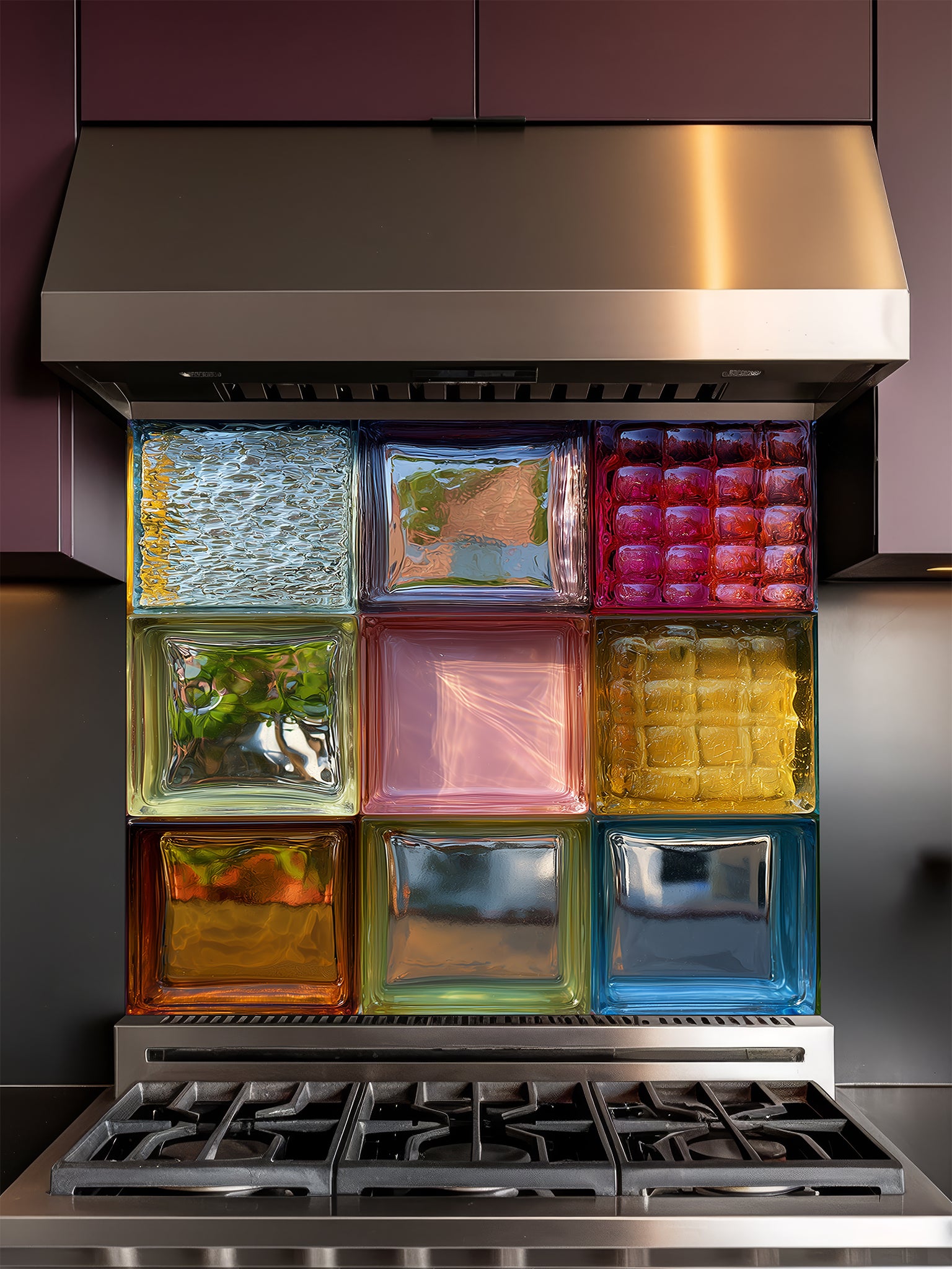 Tempered glass kitchen backsplash featuring a highly realistic 3D illusion of colorful, textured retro glass blocks in vibrant shades of blue, pink, amber, and green, installed behind a modern stainless steel stove.