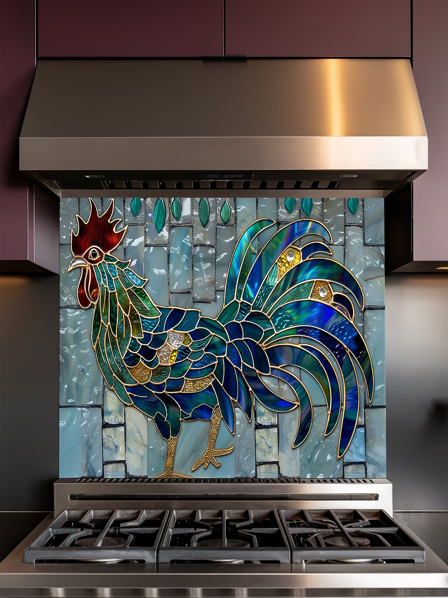 Tempered glass kitchen backsplash featuring a vibrant faux stained glass rooster with jewel-toned sapphire and emerald feathers and gold outlines, set against a light blue vertical mosaic tile background.