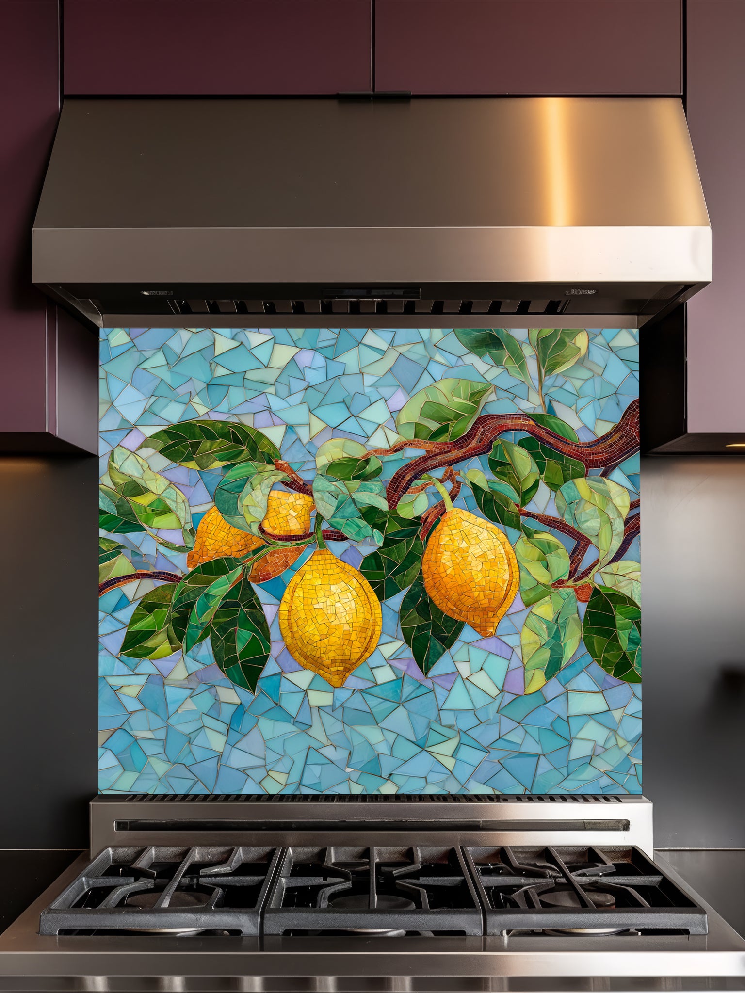 Tempered glass kitchen backsplash featuring a highly realistic 3D illusion of mosaic tile art showing bright yellow lemons and lush green leaves on a branch against a multi-toned light blue and teal mosaic background, installed behind a modern black stove.