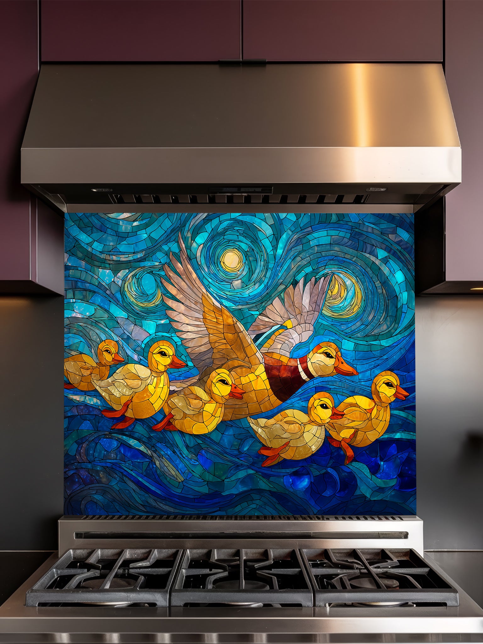 Tempered glass kitchen backsplash featuring a highly realistic 3D illusion of stained glass art showing a mallard duck and ducklings flying over swirling, Starry Night inspired blue water and glowing yellow accents, installed behind a modern stainless steel stove.