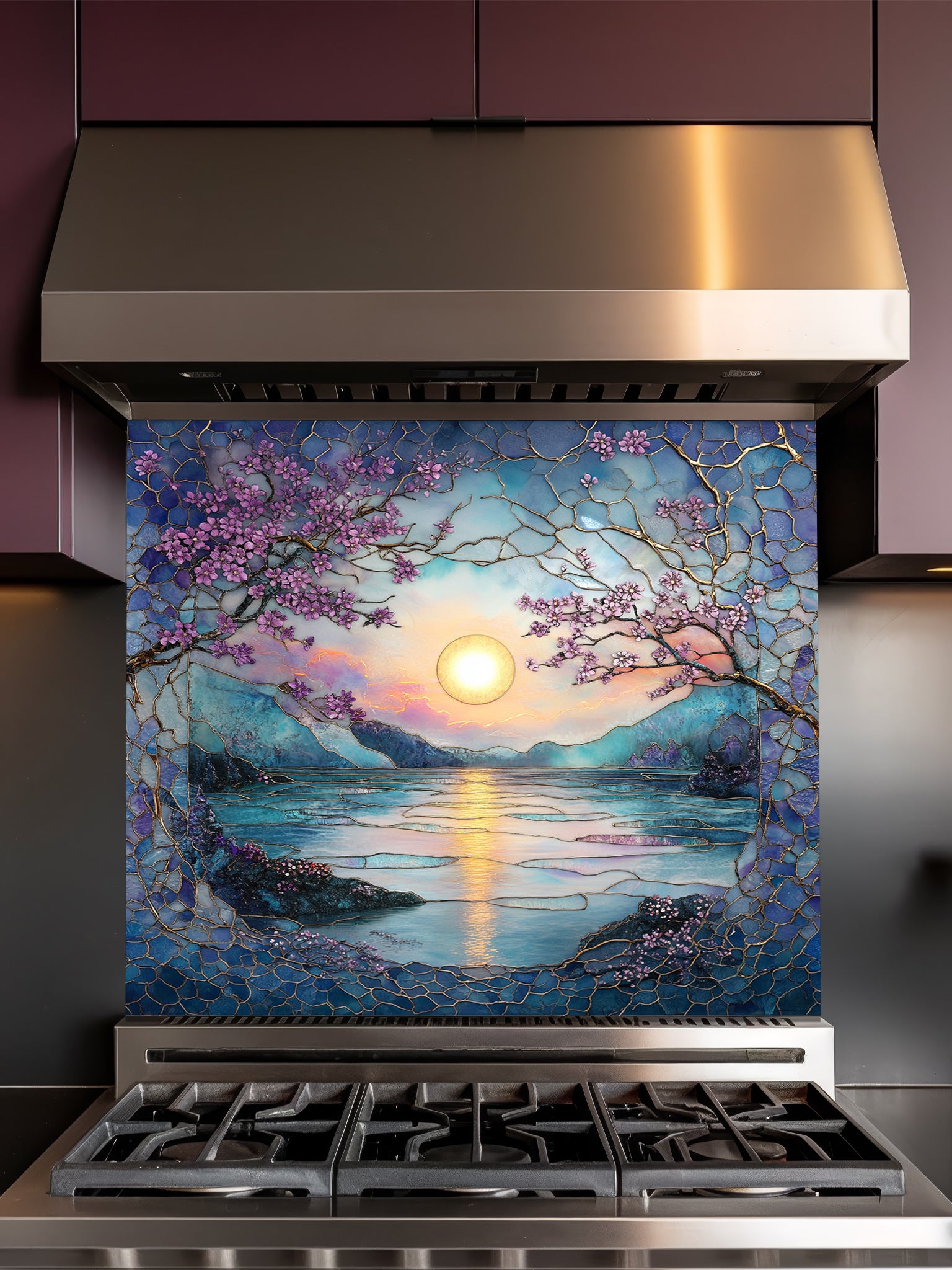 Stained glass style serene sunset over a lake with pink cherry blossoms and mountains, UV printed on a smooth tempered glass kitchen backsplash, installed behind a modern stove.