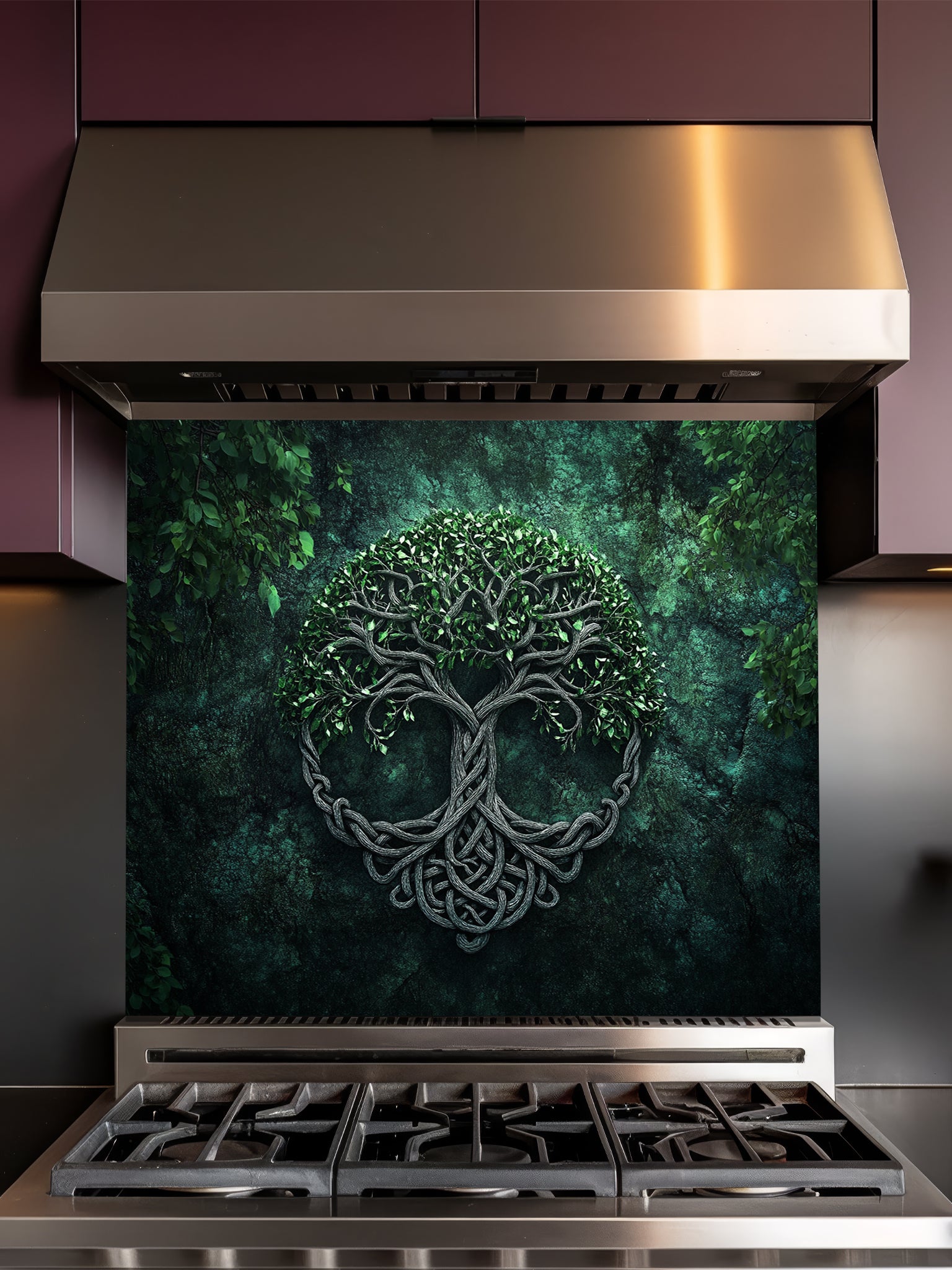Tempered glass kitchen backsplash featuring a highly realistic 3D illusion of an ancient carved Celtic Tree of Life (Yggdrasil) with intricate knotwork roots and lush green leaves against a dark, moody forest green background, installed behind a modern black stove.