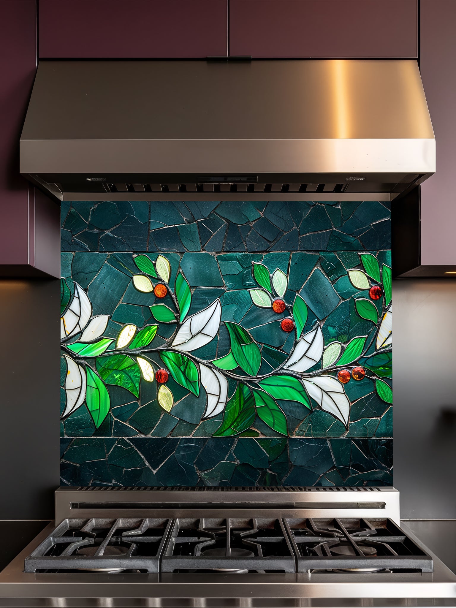 Tempered glass kitchen backsplash featuring a highly realistic 3D illusion of stained glass and mosaic art showing a graceful branch with vibrant emerald green and white leaves and glowing red berries against a dark teal background, installed behind a modern black stove.