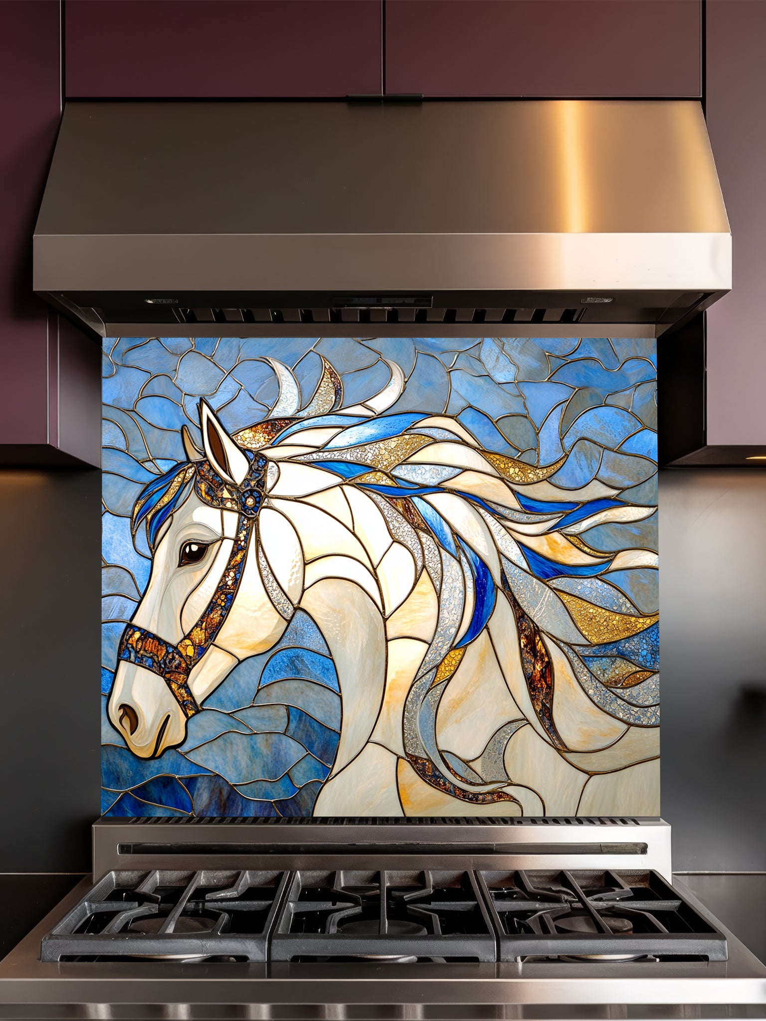Tempered glass kitchen backsplash featuring a highly realistic 3D illusion of stained glass art showing a majestic noble white horse profile with a flowing, dynamic mane in sapphire blue and gold against a swirling blue background, installed behind a modern black stove.