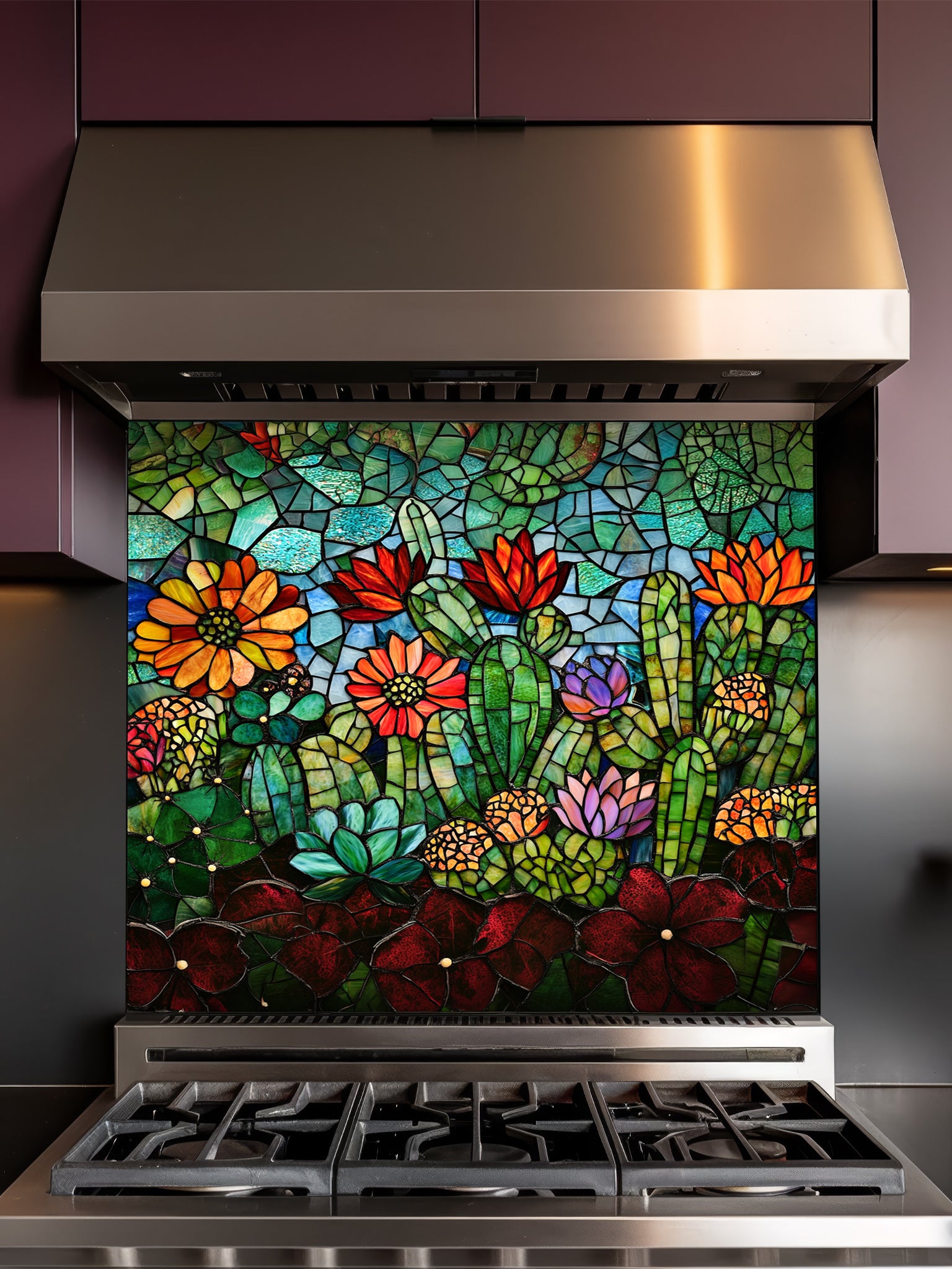 Stained glass style vibrant green cacti with blooming orange, red, and pink flowers in a desert landscape, UV printed on a smooth tempered glass kitchen backsplash, installed behind a modern stove.