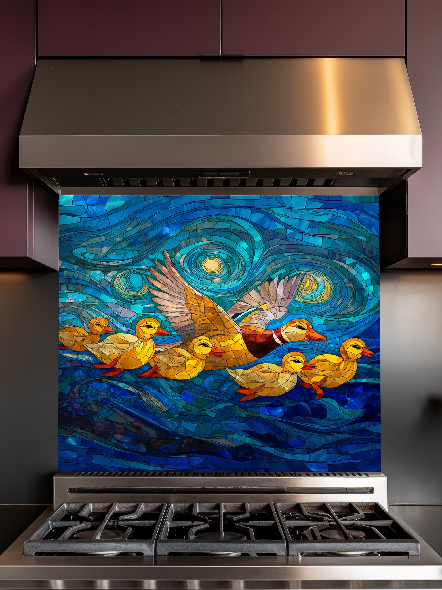 Stained glass style family of ducks flying and swimming in a swirling blue starry night sky, UV printed on a smooth tempered glass kitchen backsplash, installed behind a modern stove.