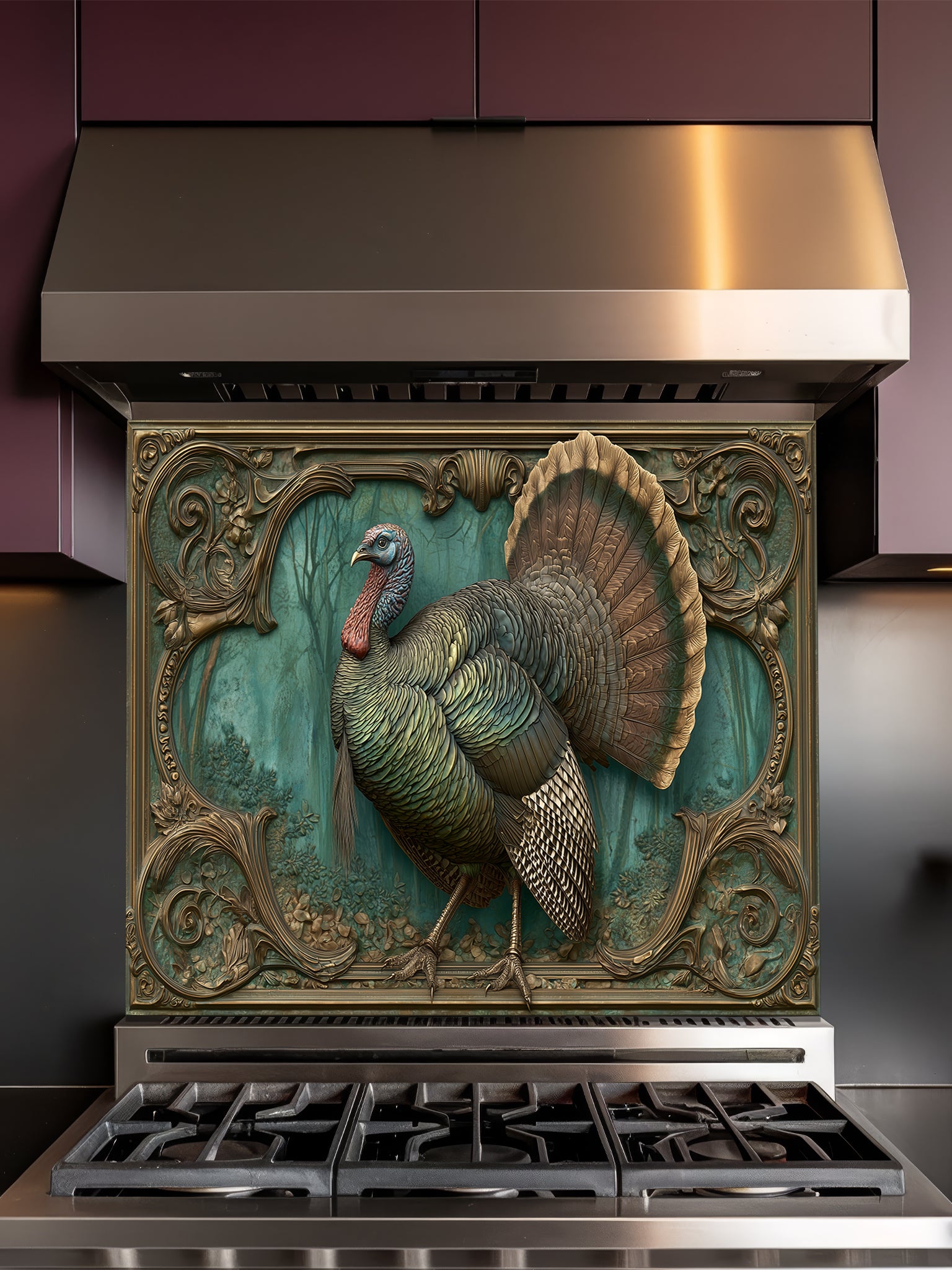 Faux 3D sculpted bronze and brass relief of a majestic turkey framed by baroque scrollwork, UV printed on a smooth tempered glass kitchen backsplash.