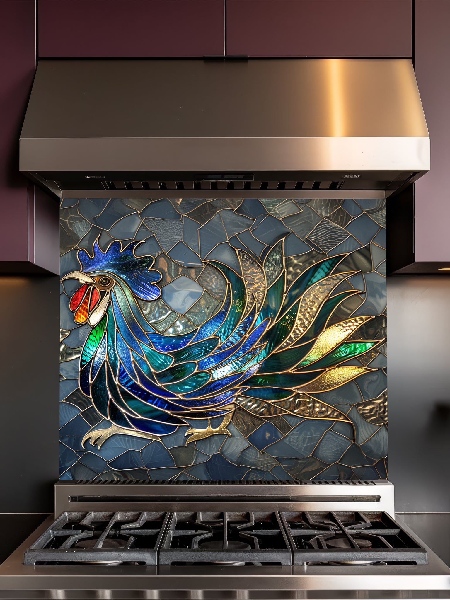 Faux stained glass pattern featuring a vibrant blue, green, and gold rooster against a grey mosaic background, UV printed on a smooth tempered glass kitchen backsplash.