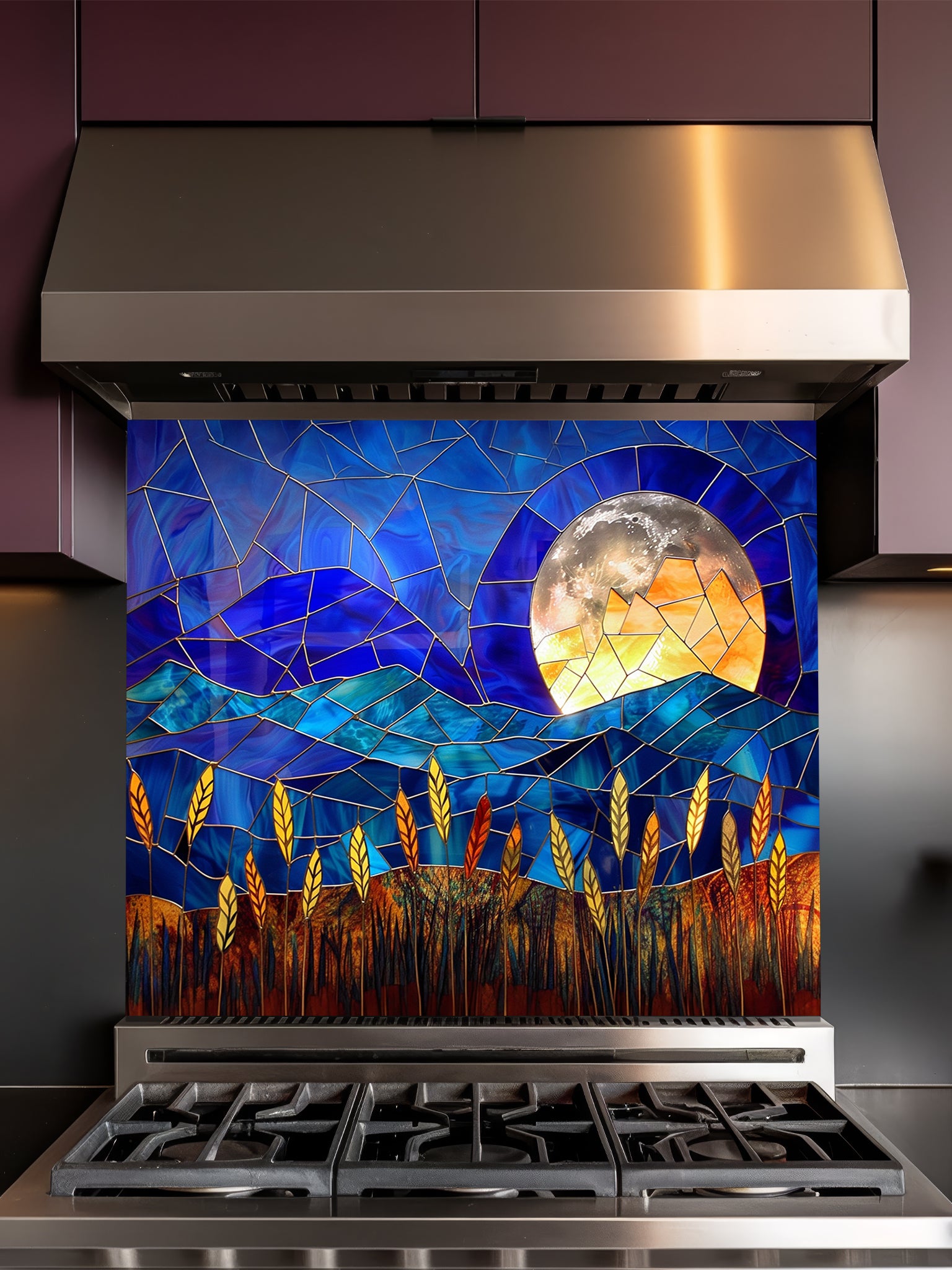 Stained glass style landscape featuring deep blue mountains, a glowing full moon, and golden wheat, UV printed on a smooth tempered glass kitchen backsplash.