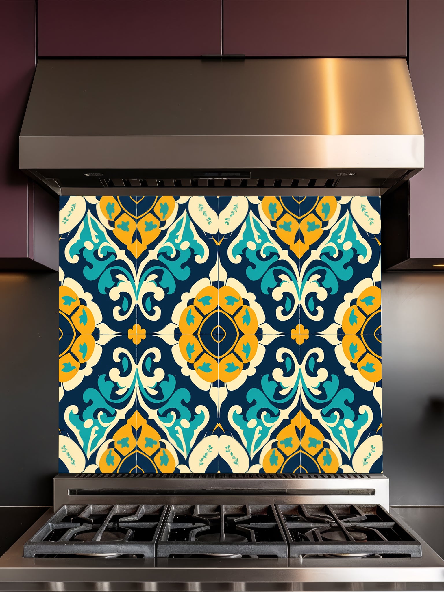Tempered glass kitchen backsplash featuring a highly realistic illusion of traditional Moroccan or Spanish tiles, showcasing an intricate geometric floral pattern in deep navy blue, vibrant teal, and mustard yellow, installed behind a modern black stove.