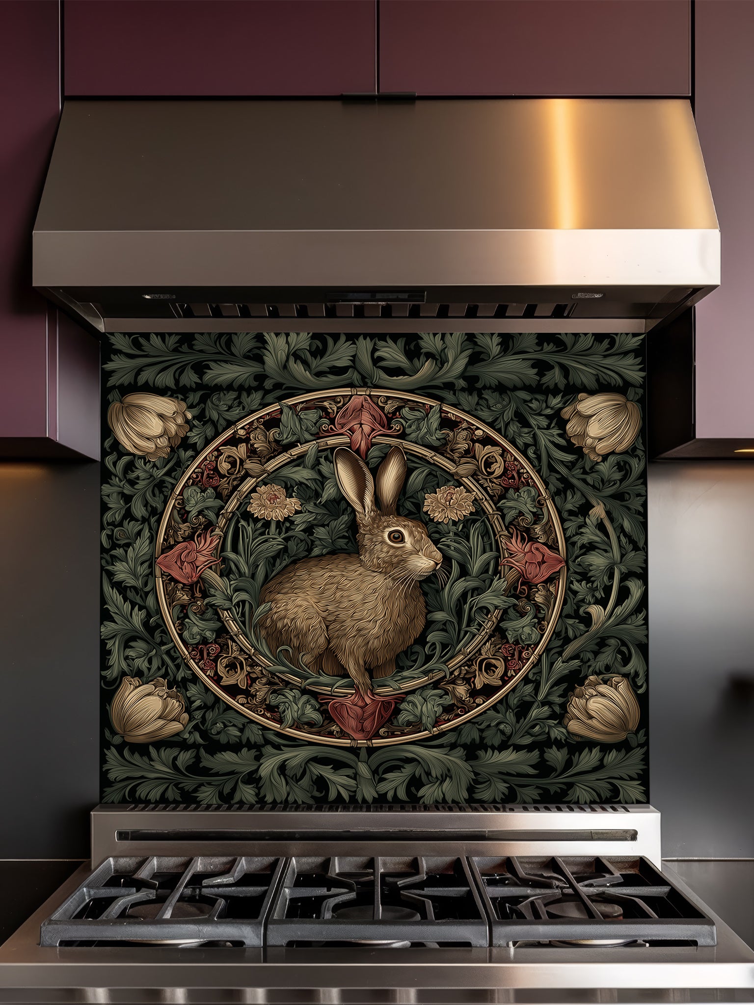Tempered glass kitchen backsplash featuring a vintage-style dark botanical design with an ornate circular floral frame enclosing a classic illustration of a brown woodland hare, installed behind a modern stainless steel stove.
