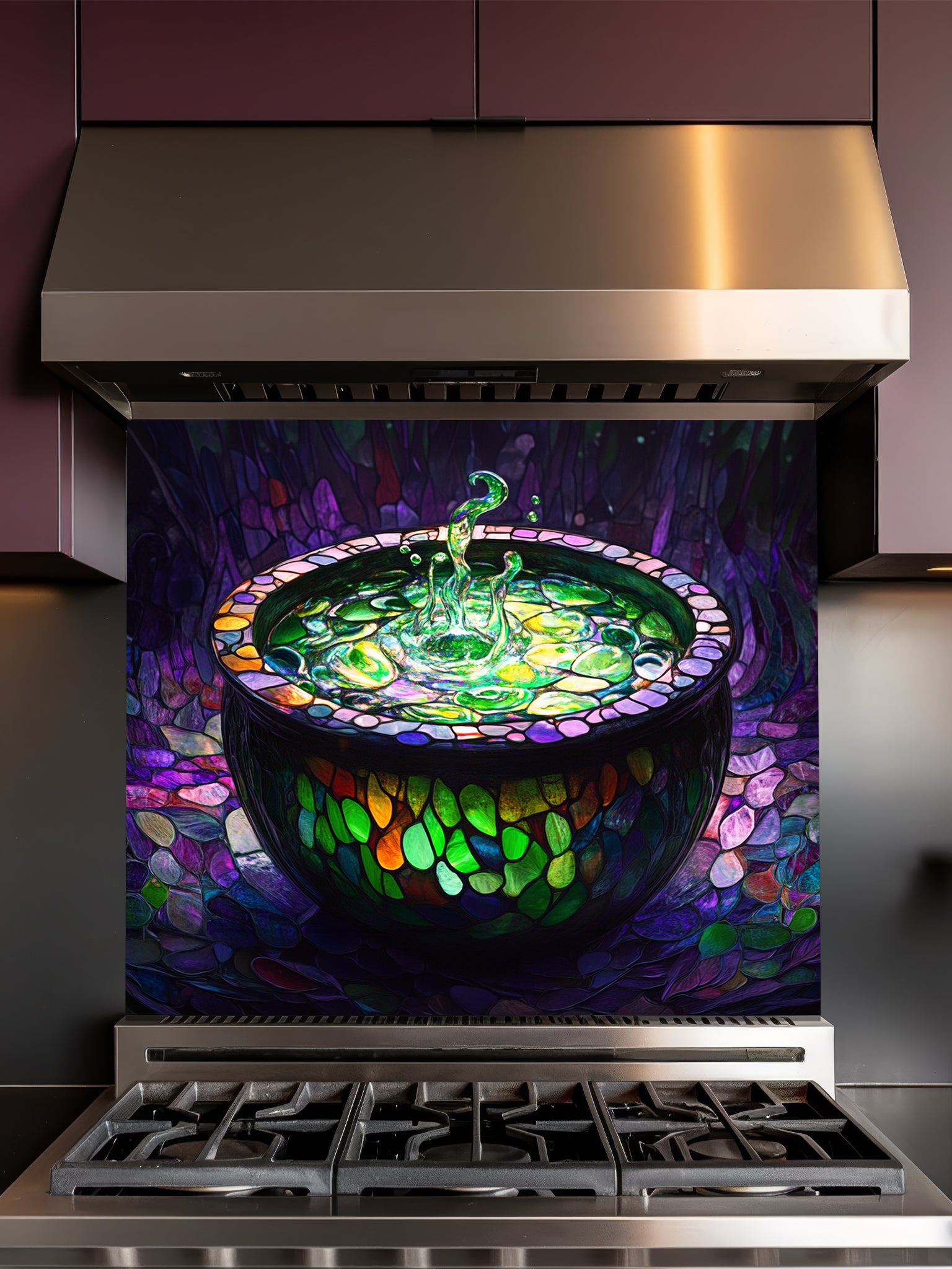 Tempered glass kitchen backsplash featuring a highly realistic 3D illusion of stained glass and mosaic art showing a dark magical cauldron filled with a splashing, glowing neon green potion against a deep purple cobblestone background, installed behind a modern stainless steel stove.