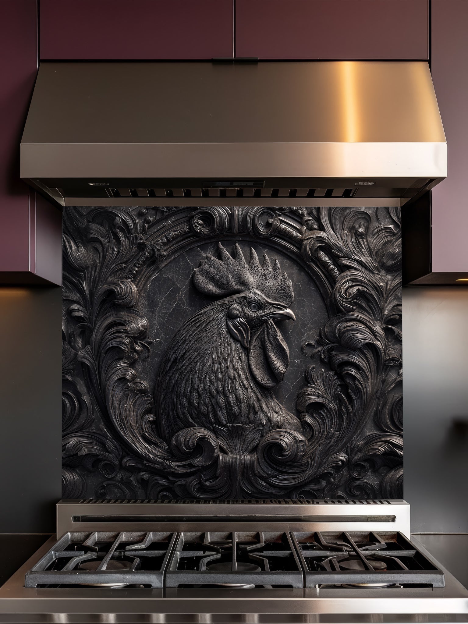 Faux 3D effect dark stone relief carving of a rooster and ornate scrollwork, UV printed on a smooth tempered glass kitchen backsplash, installed behind a modern stove.