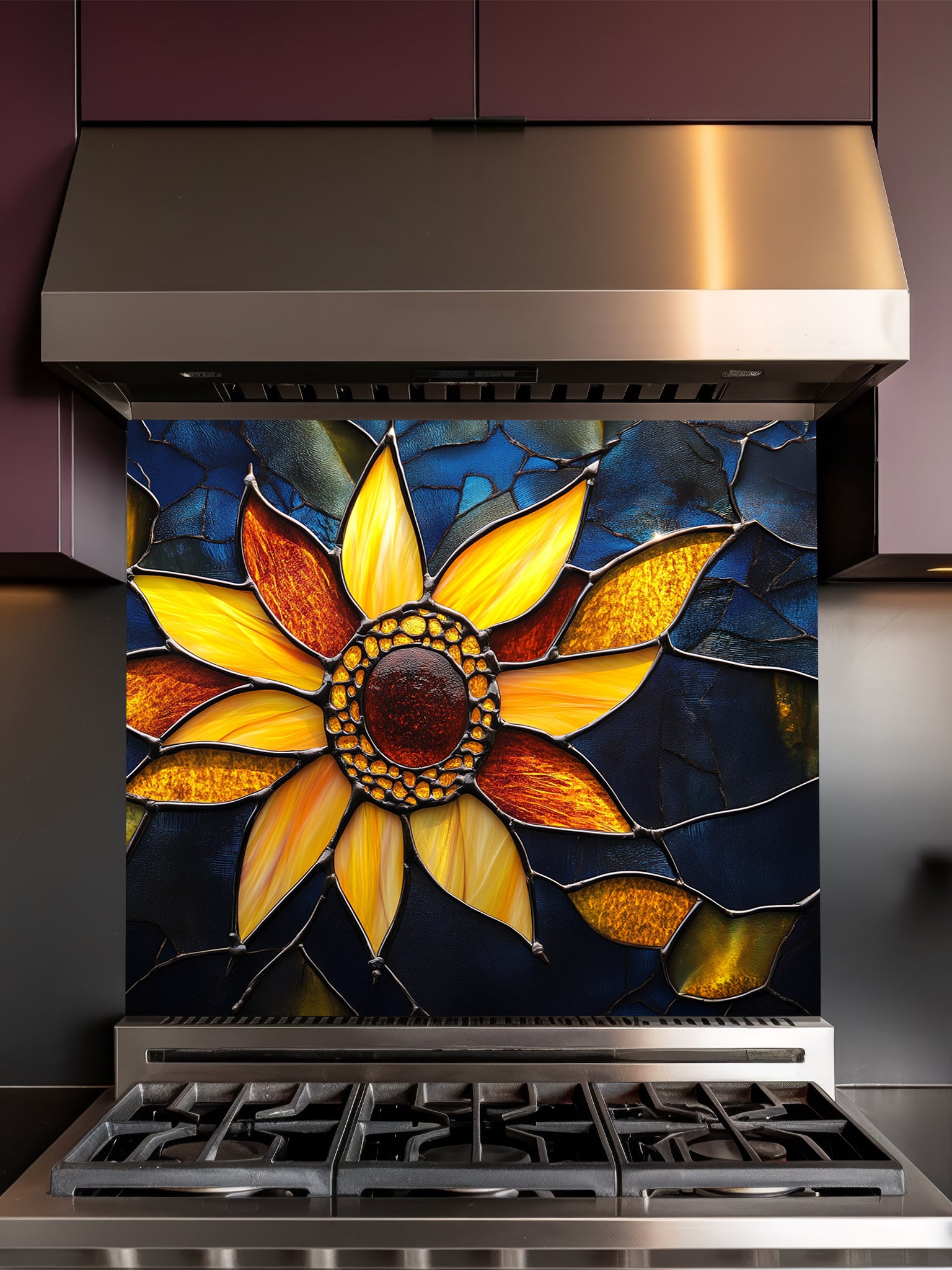 Stained glass style macro sunflower with vibrant yellow petals against a dark blue background, UV printed on a smooth tempered glass kitchen backsplash.
