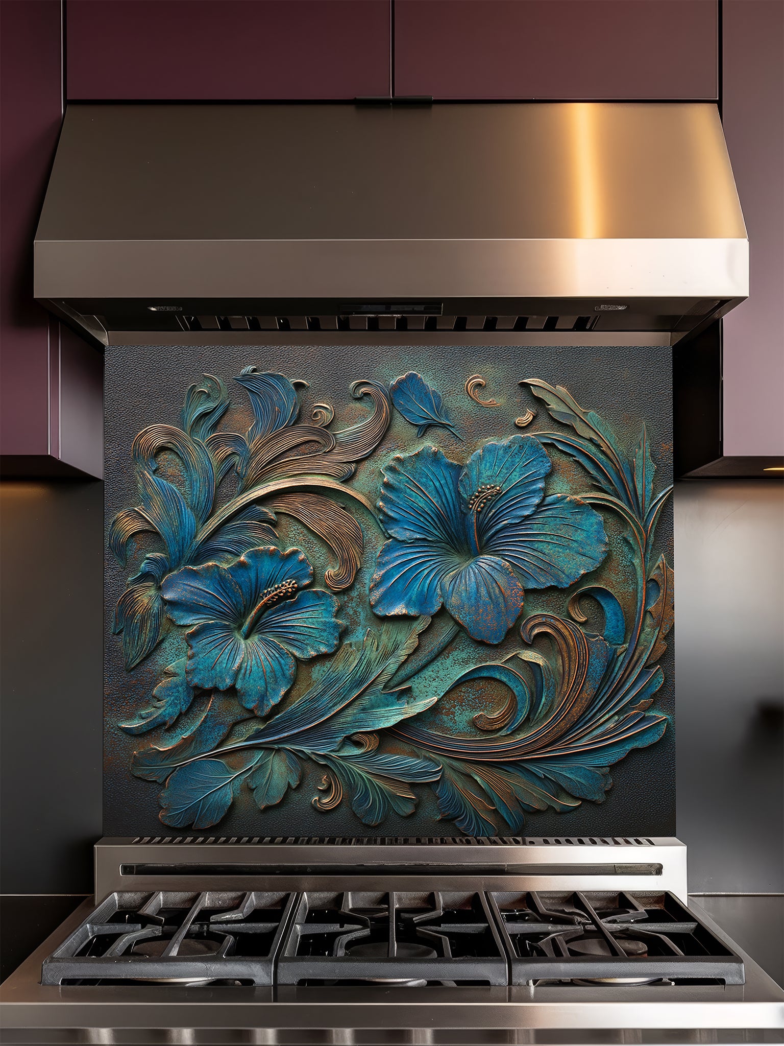 Tempered glass kitchen backsplash featuring a highly realistic 3D faux metal relief design of large tropical hibiscus flowers with a rich teal patina and antique copper accents over a dark textured background, installed behind a modern stainless steel stove.